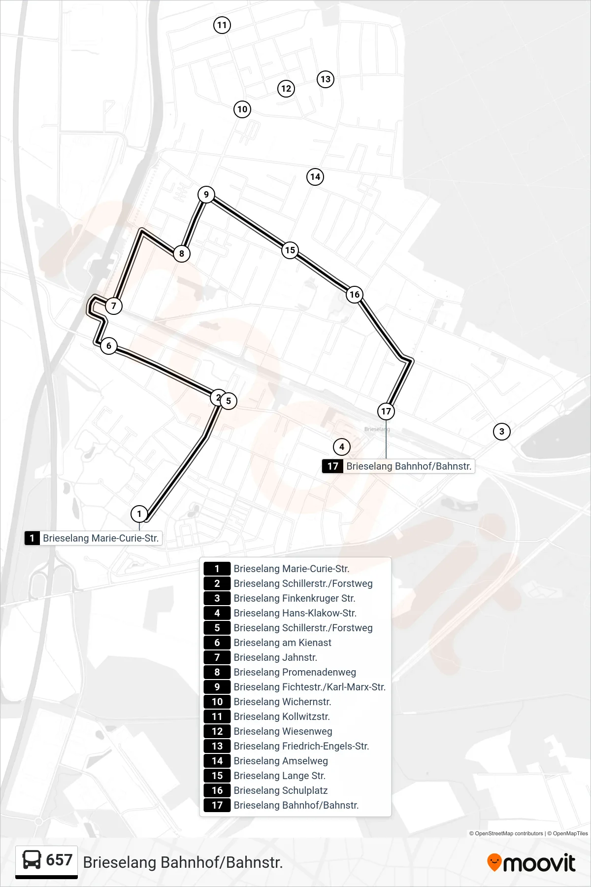 657 bus Line (Brieselang Bahnhof/Bahnstr.) route and stops on a map