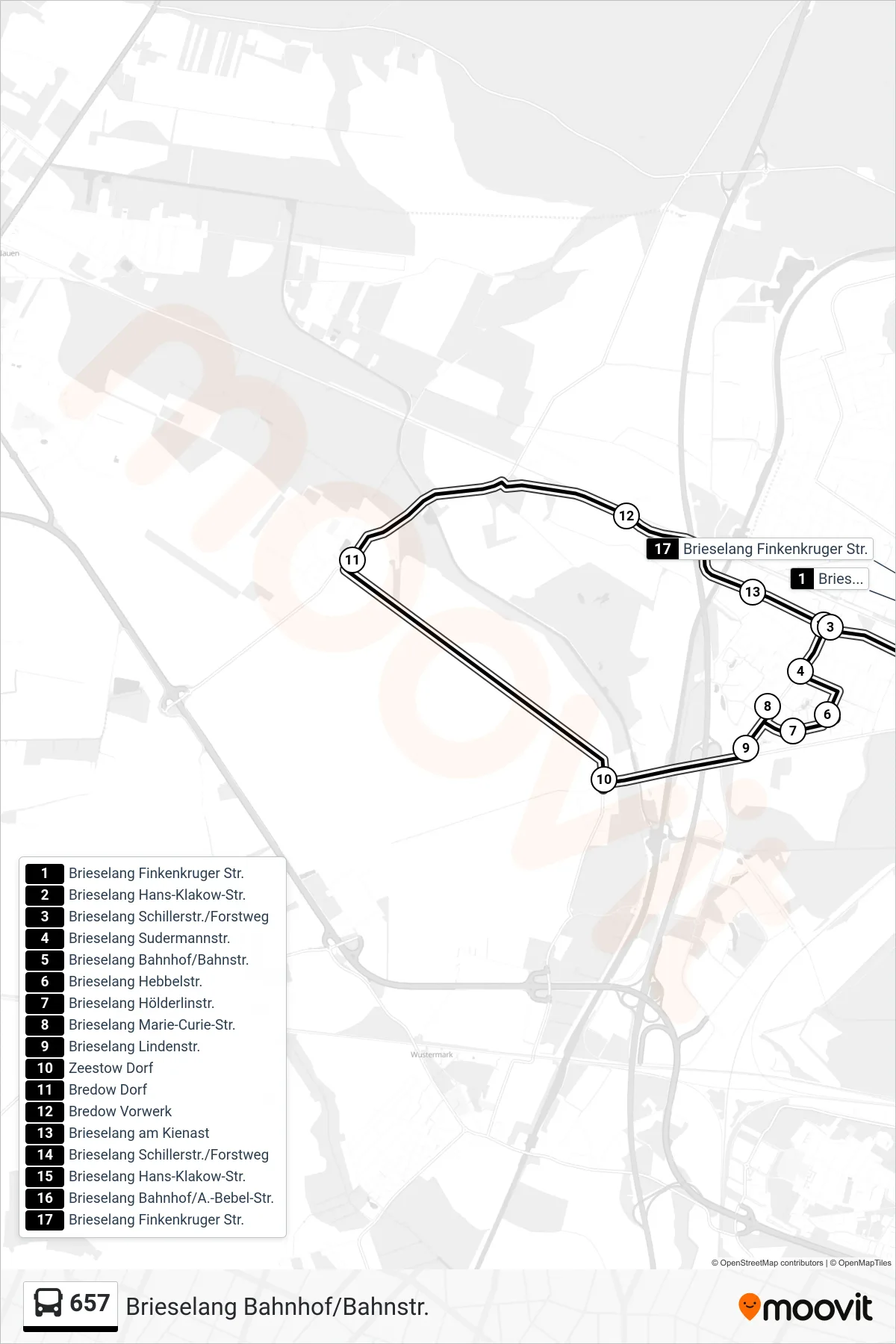 Linie 657 (Bus) Richtung Brieselang Bahnhof/Bahnstr.: Route und Haltestellen auf der Karte