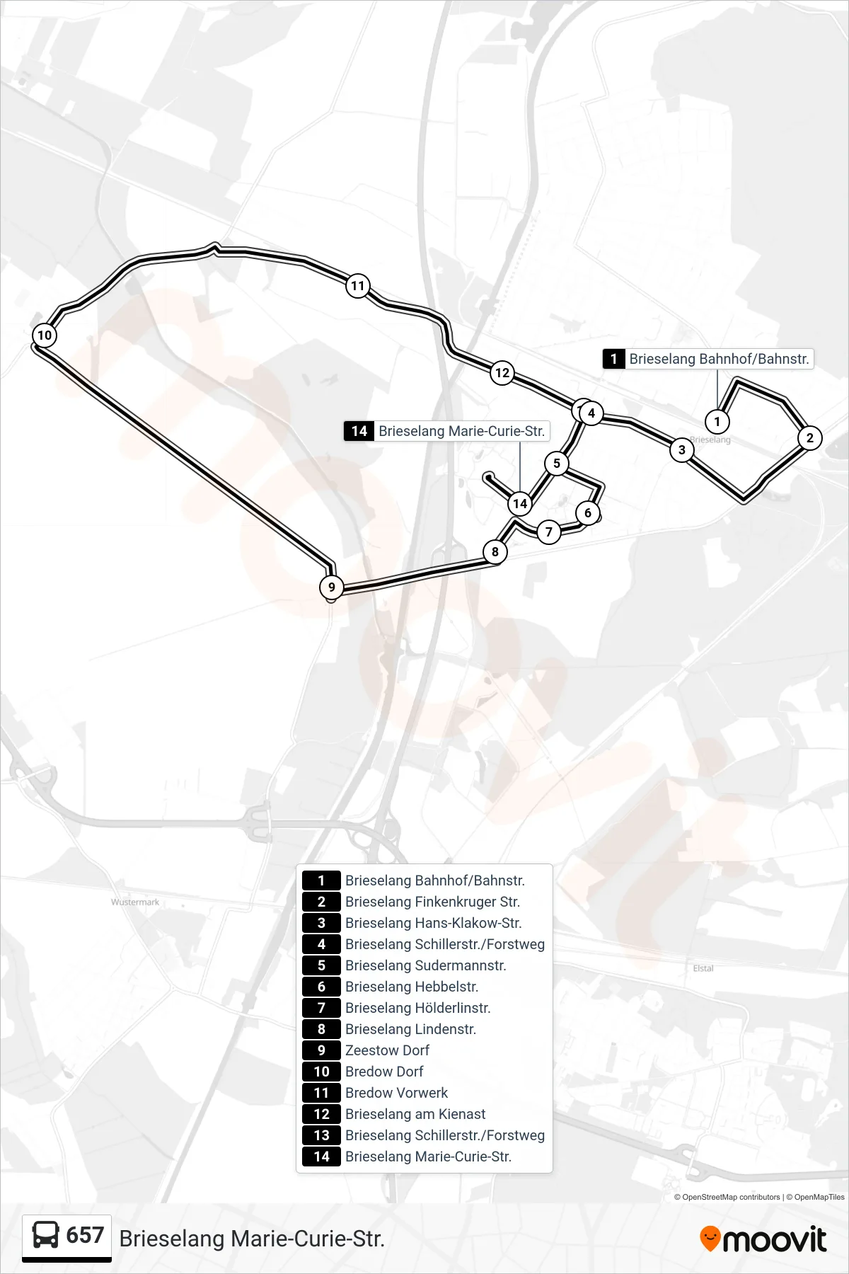 Linie 657 (Bus) Richtung Brieselang Marie-Curie-Str.: Route und Haltestellen auf der Karte