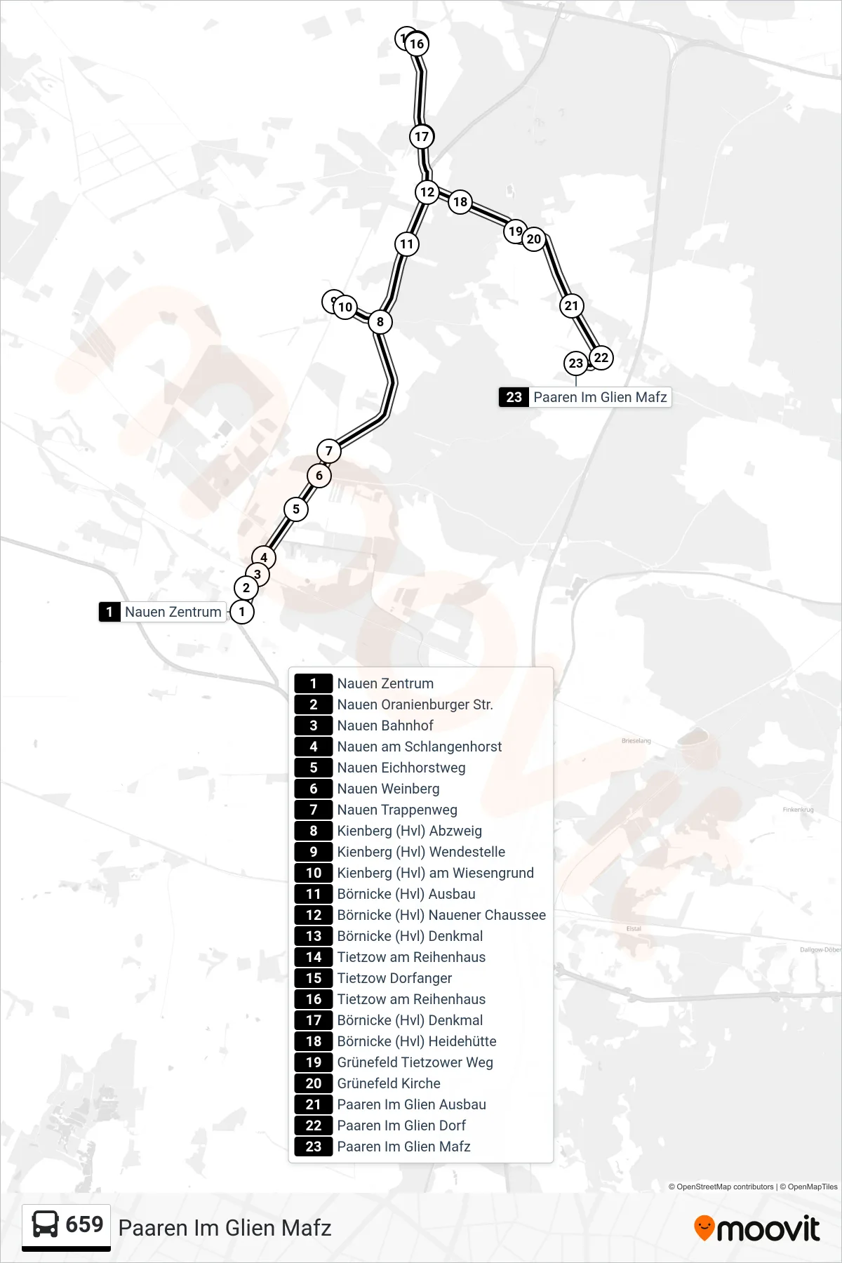 Linie 659 (Bus) Richtung Paaren Im Glien Mafz: Route und Haltestellen auf der Karte
