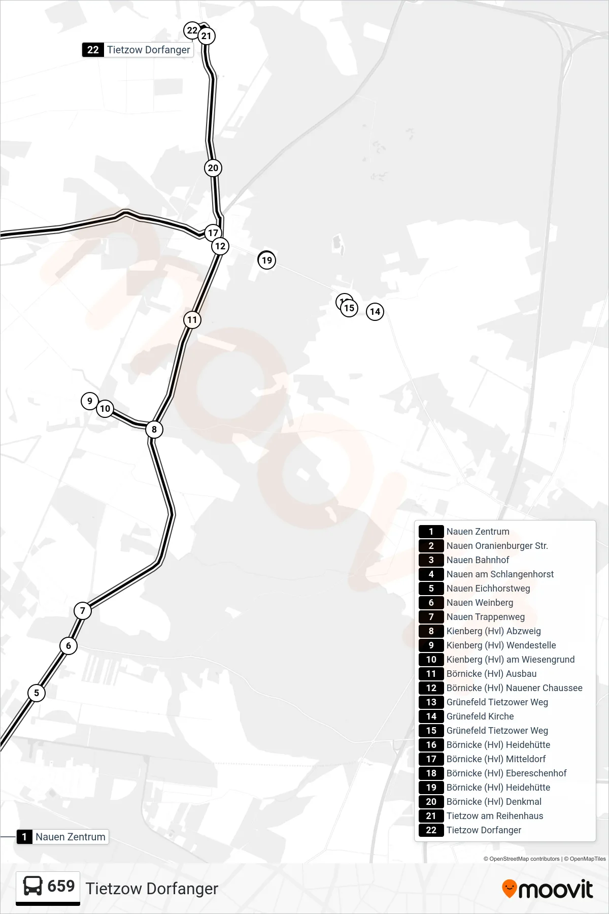 659 bus Line (Tietzow Dorfanger) route and stops on a map