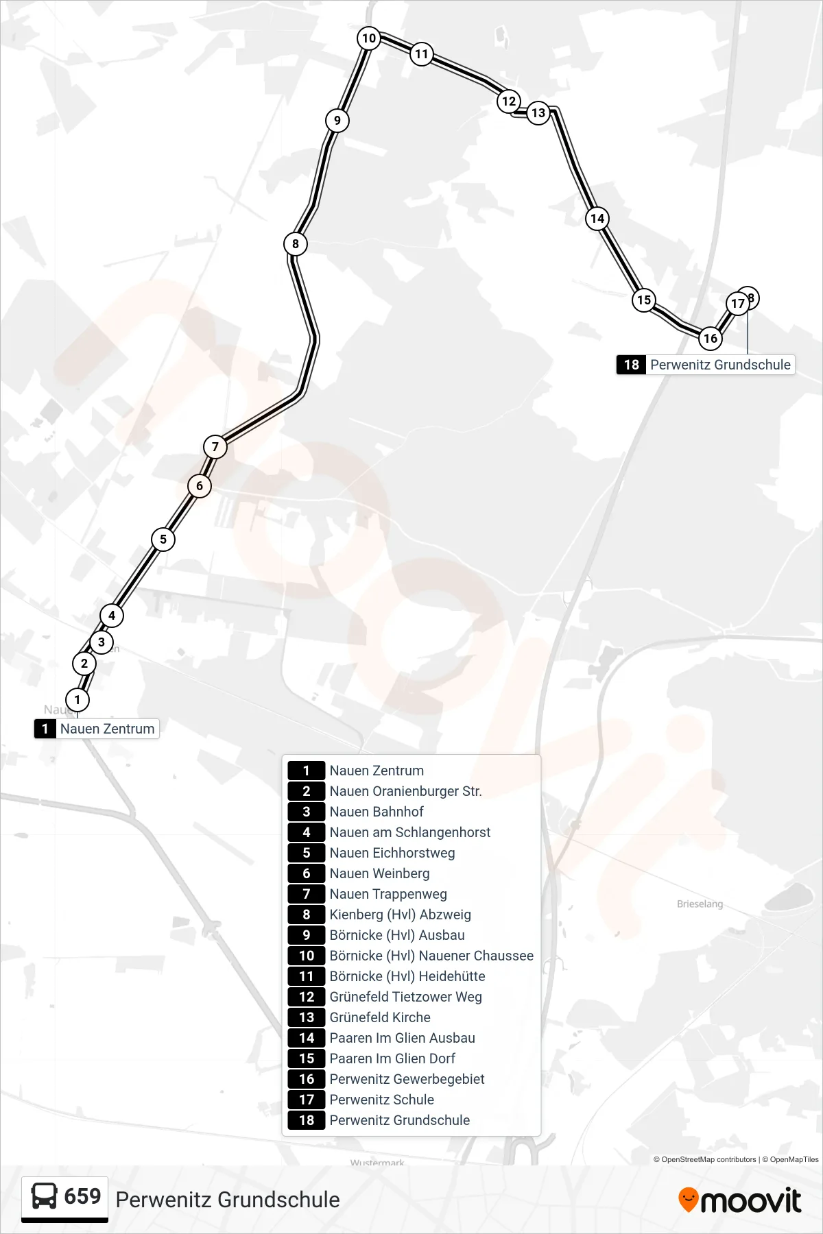 Linie 659 (Bus) Richtung Perwenitz Grundschule: Route und Haltestellen auf der Karte