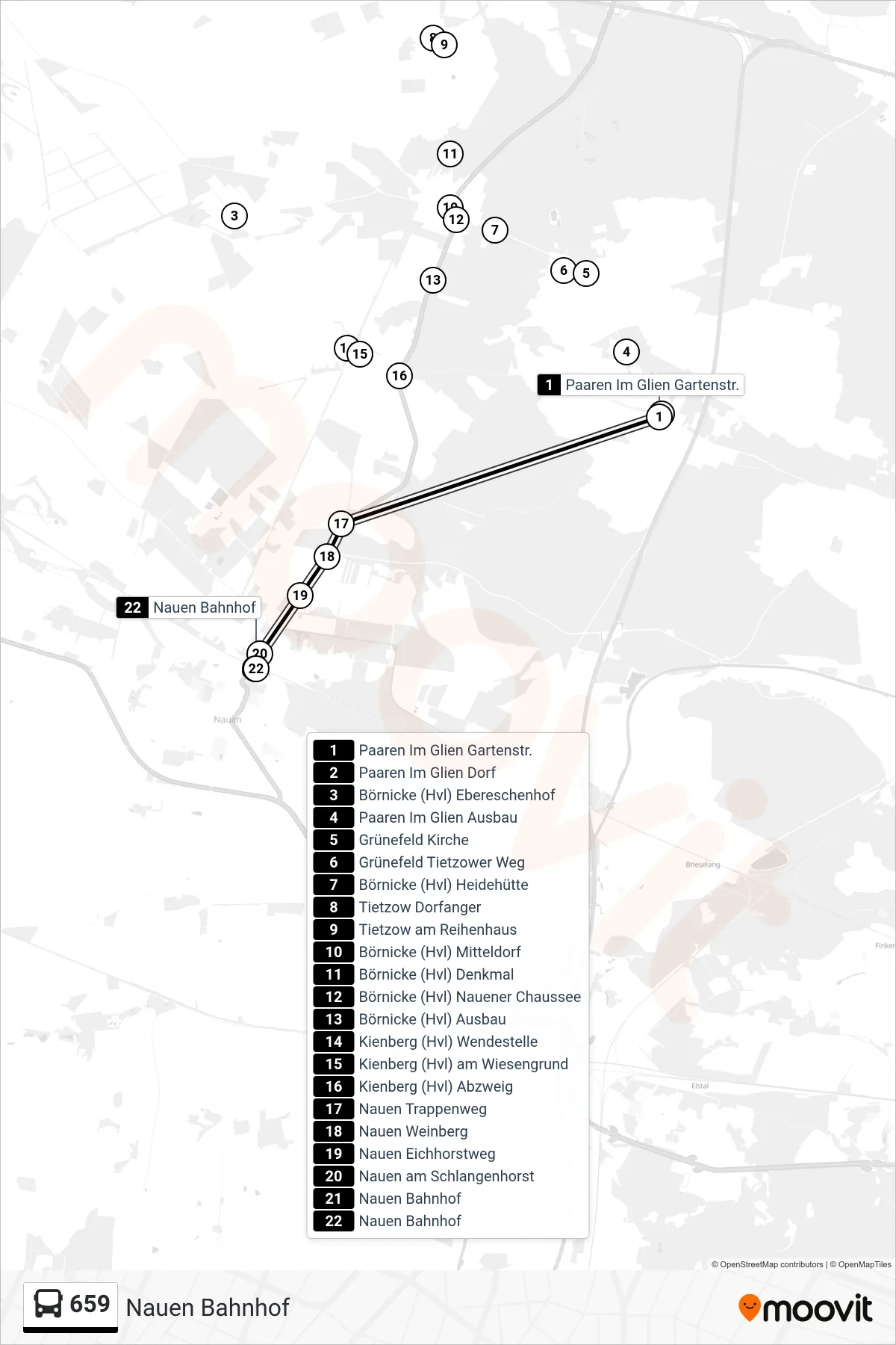 Linie 659 (Bus) Richtung Nauen Bahnhof: Route und Haltestellen auf der Karte