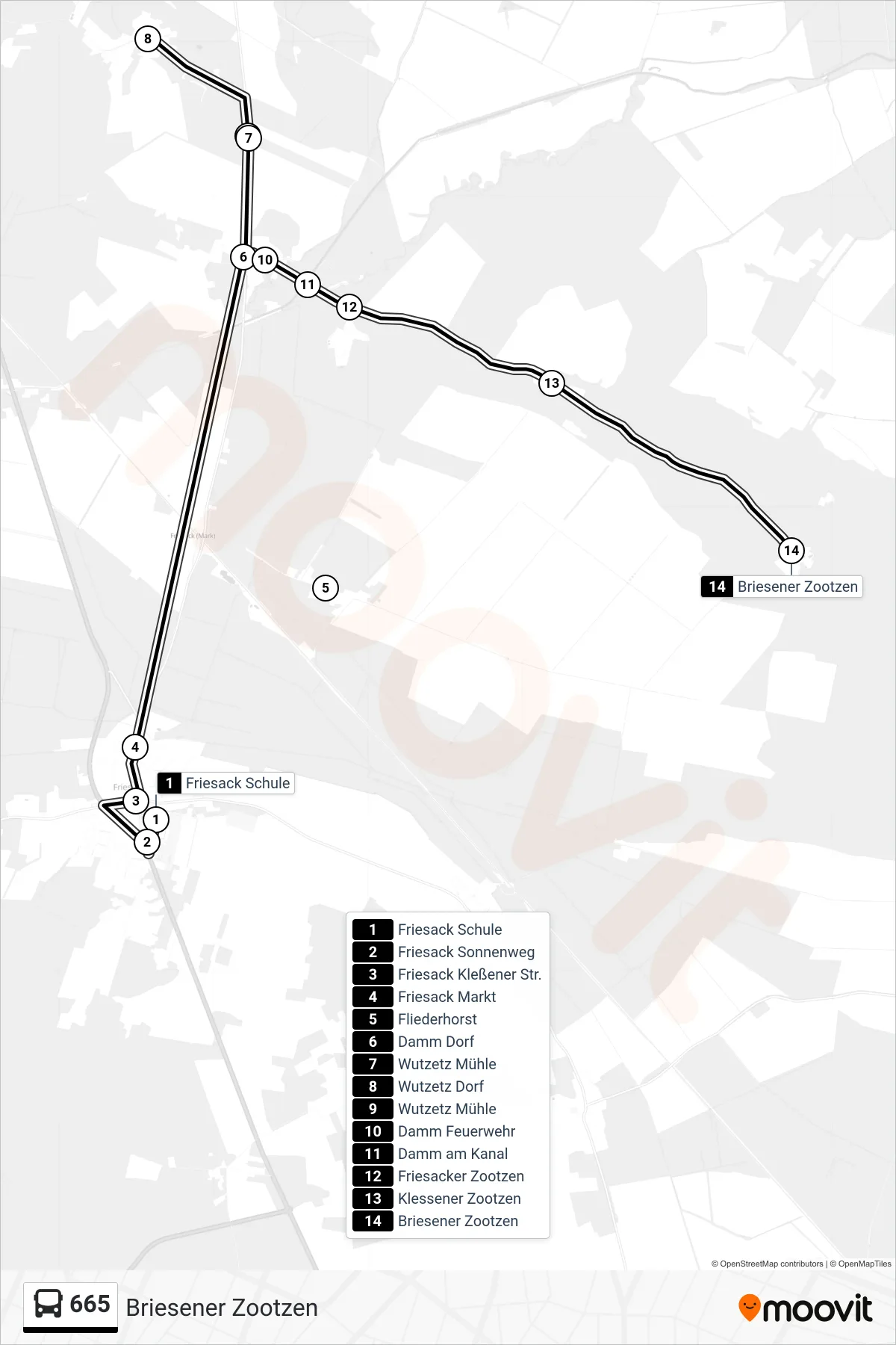 665 bus Line (Briesener Zootzen) route and stops on a map