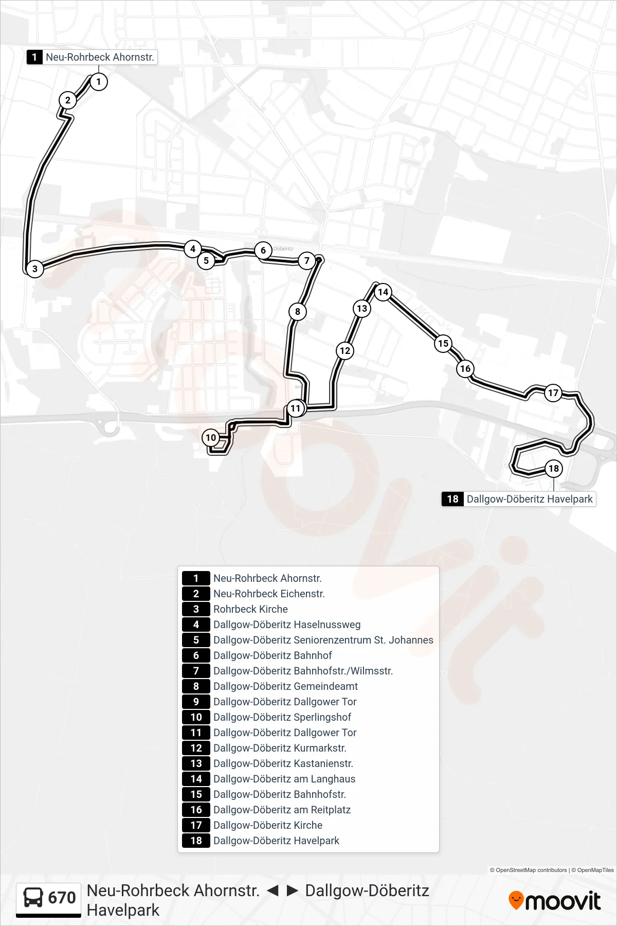 670 bus Line (Dallgow-Döberitz Havelpark) route and stops on a map