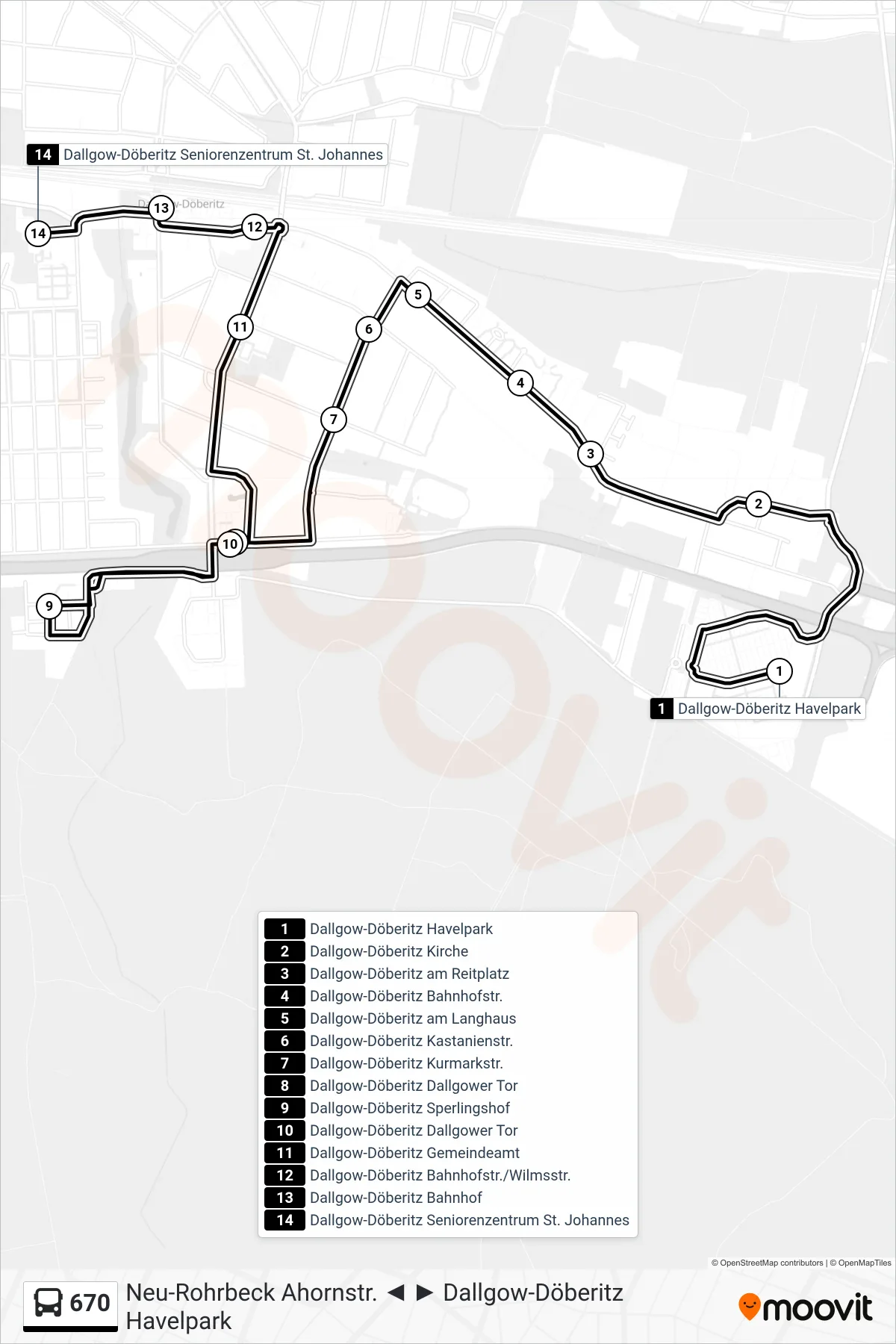 Linie 670 (Bus) Richtung Dallgow-Döberitz Seniorenzentrum St. Johannes: Route und Haltestellen auf der Karte