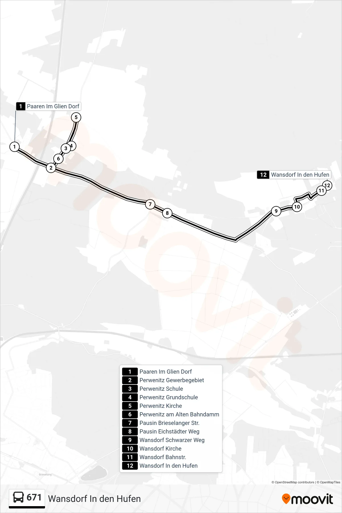Linie 671 (Bus) Richtung Wansdorf In den Hufen: Route und Haltestellen auf der Karte