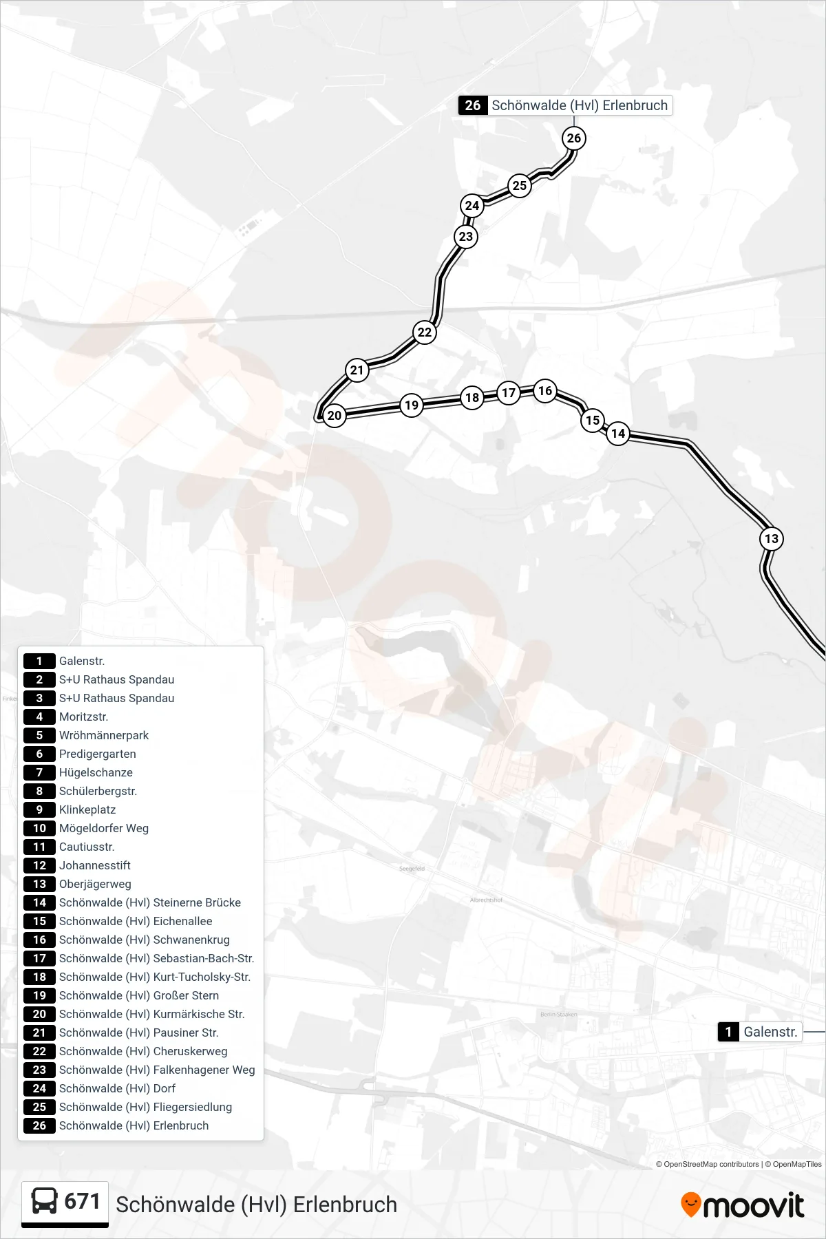 Linie 671 (Bus) Richtung Schönwalde (Hvl) Erlenbruch: Route und Haltestellen auf der Karte