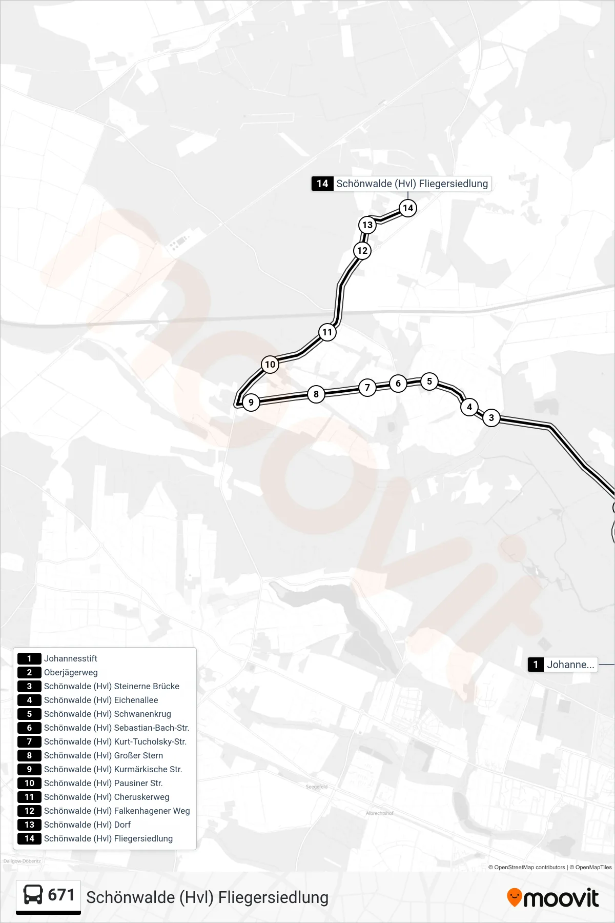 Linie 671 (Bus) Richtung Schönwalde (Hvl) Fliegersiedlung: Route und Haltestellen auf der Karte