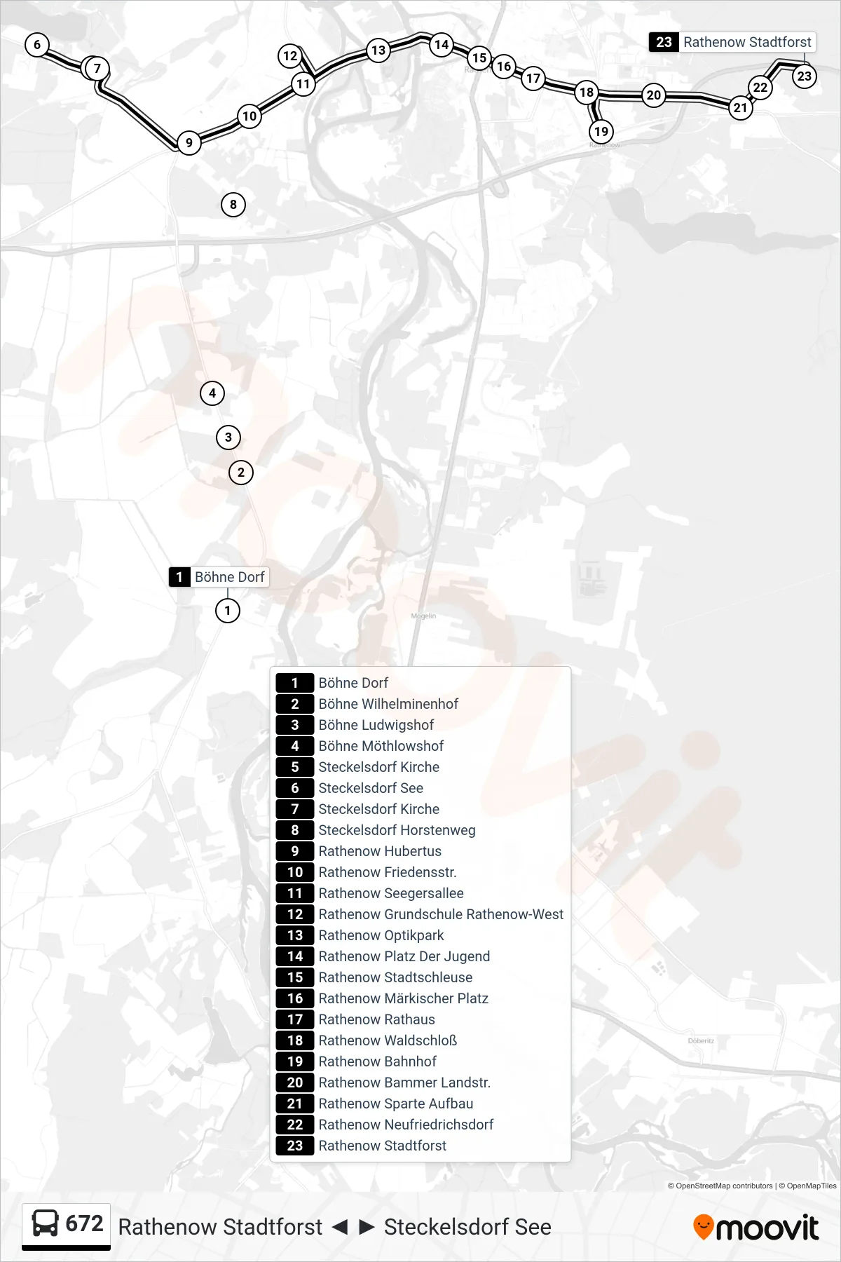 Linie 672 (Bus) Richtung Rathenow Stadtforst: Route und Haltestellen auf der Karte