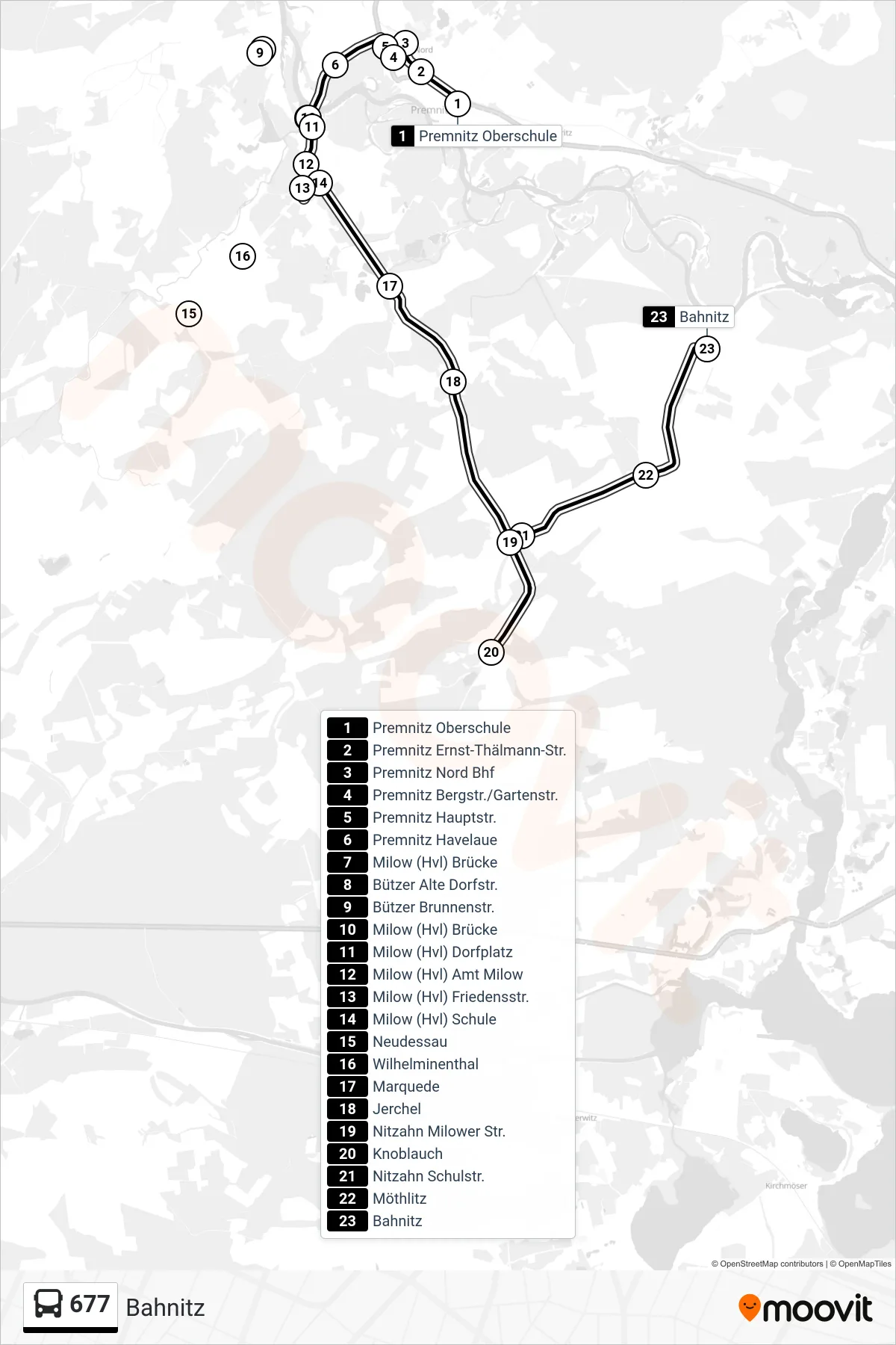 Linie 677 (Bus) Richtung Bahnitz: Route und Haltestellen auf der Karte