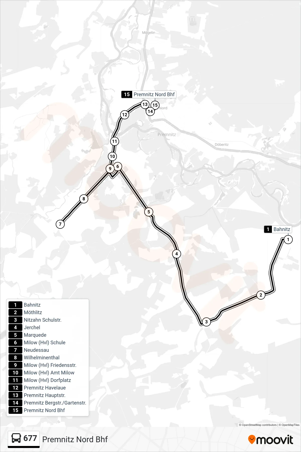 Linie 677 (Bus) Richtung Premnitz Nord Bhf: Route und Haltestellen auf der Karte