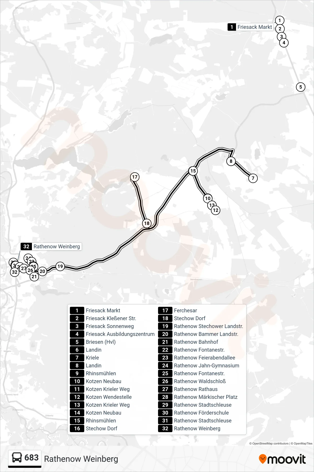 Linie 683 (Bus) Richtung Rathenow Weinberg: Route und Haltestellen auf der Karte