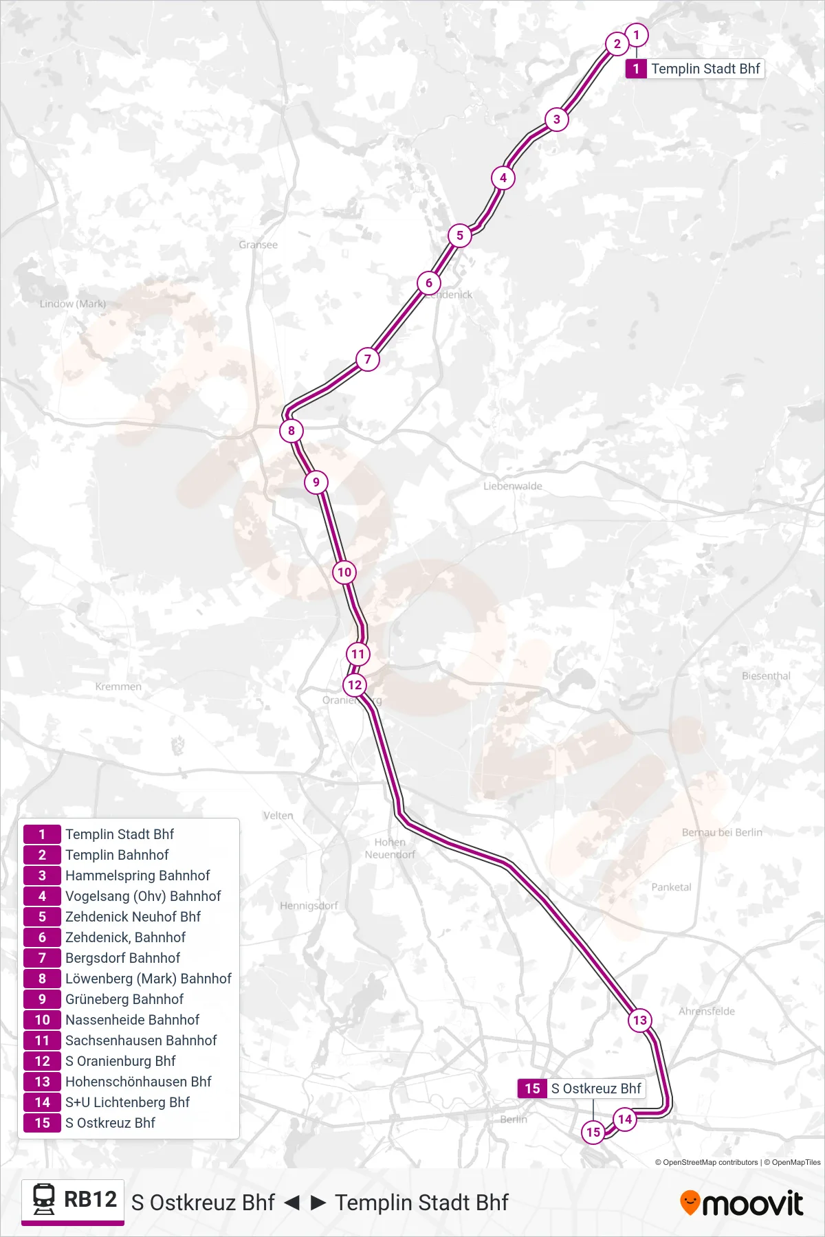 Linie RB12 (Bahn) Richtung S Ostkreuz Bhf: Route und Haltestellen auf der Karte