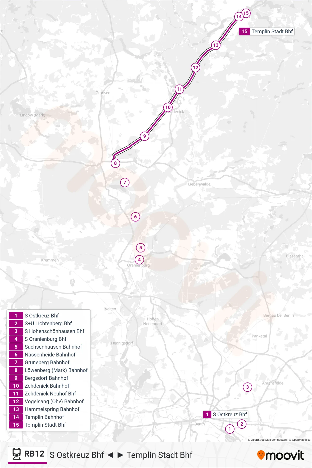 RB12 train Line (Templin Stadt Bhf) route and stops on a map