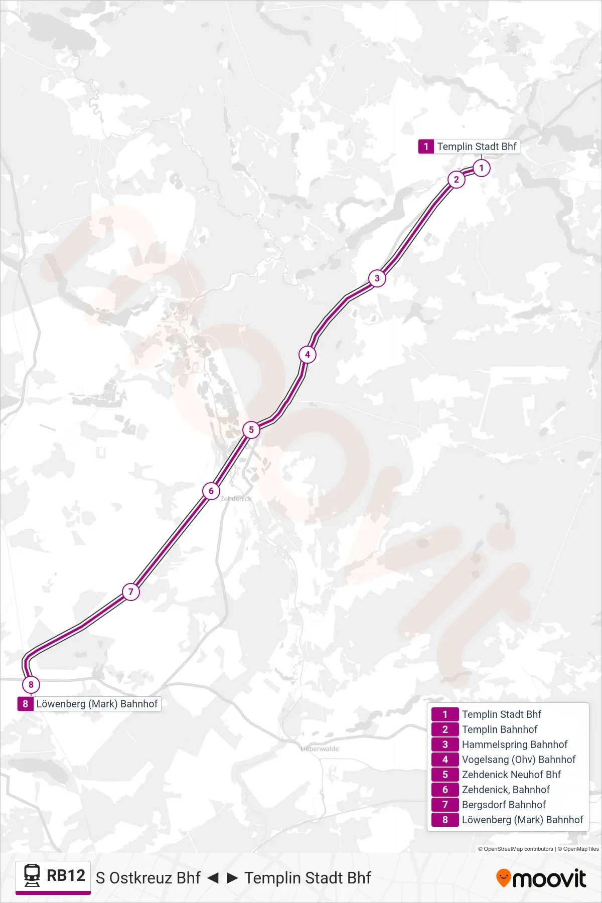 Linie RB12 (Bahn) Richtung Löwenberg (Mark) Bahnhof: Route und Haltestellen auf der Karte