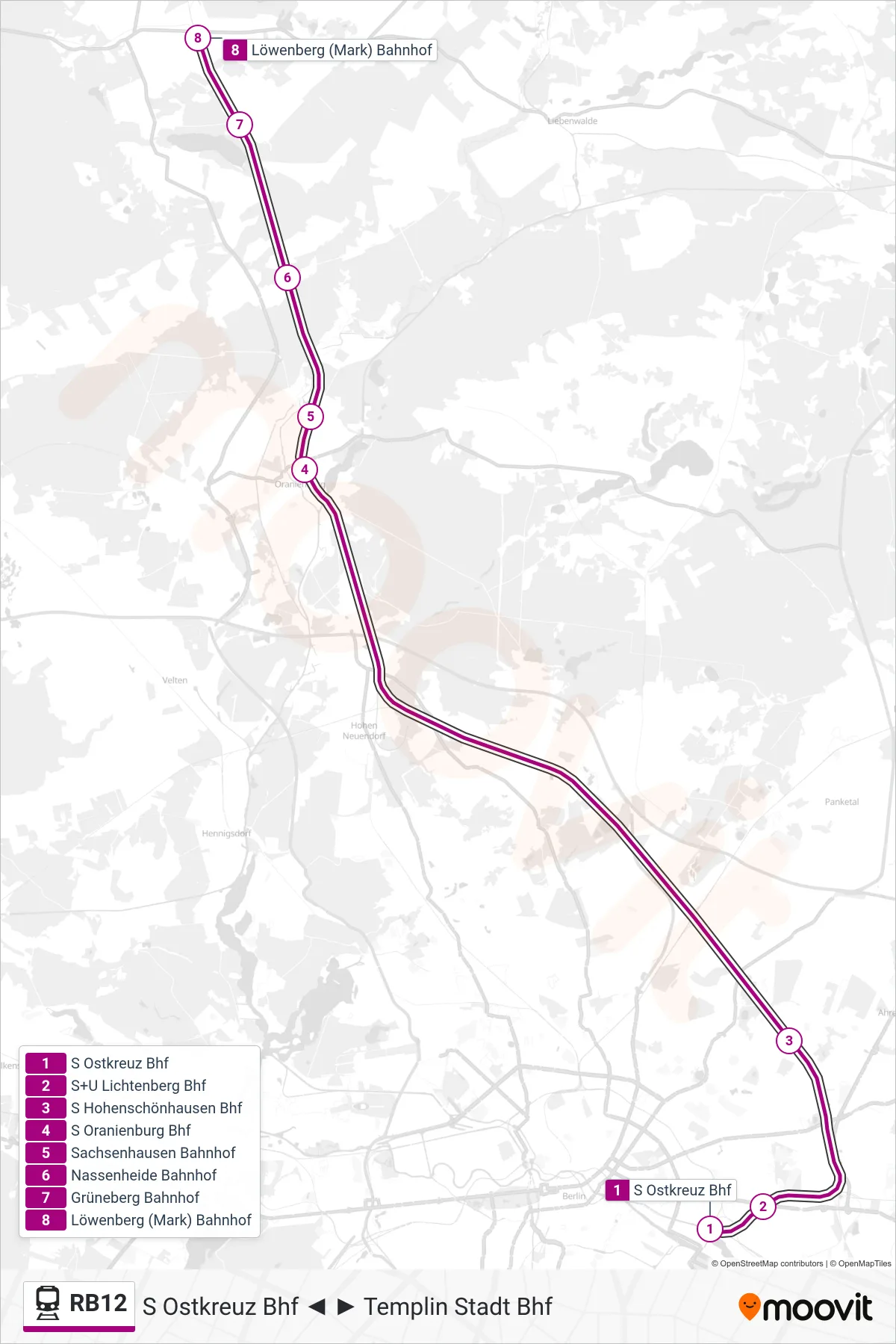 RB12 train Line (Löwenberg (Mark) Bahnhof) route and stops on a map