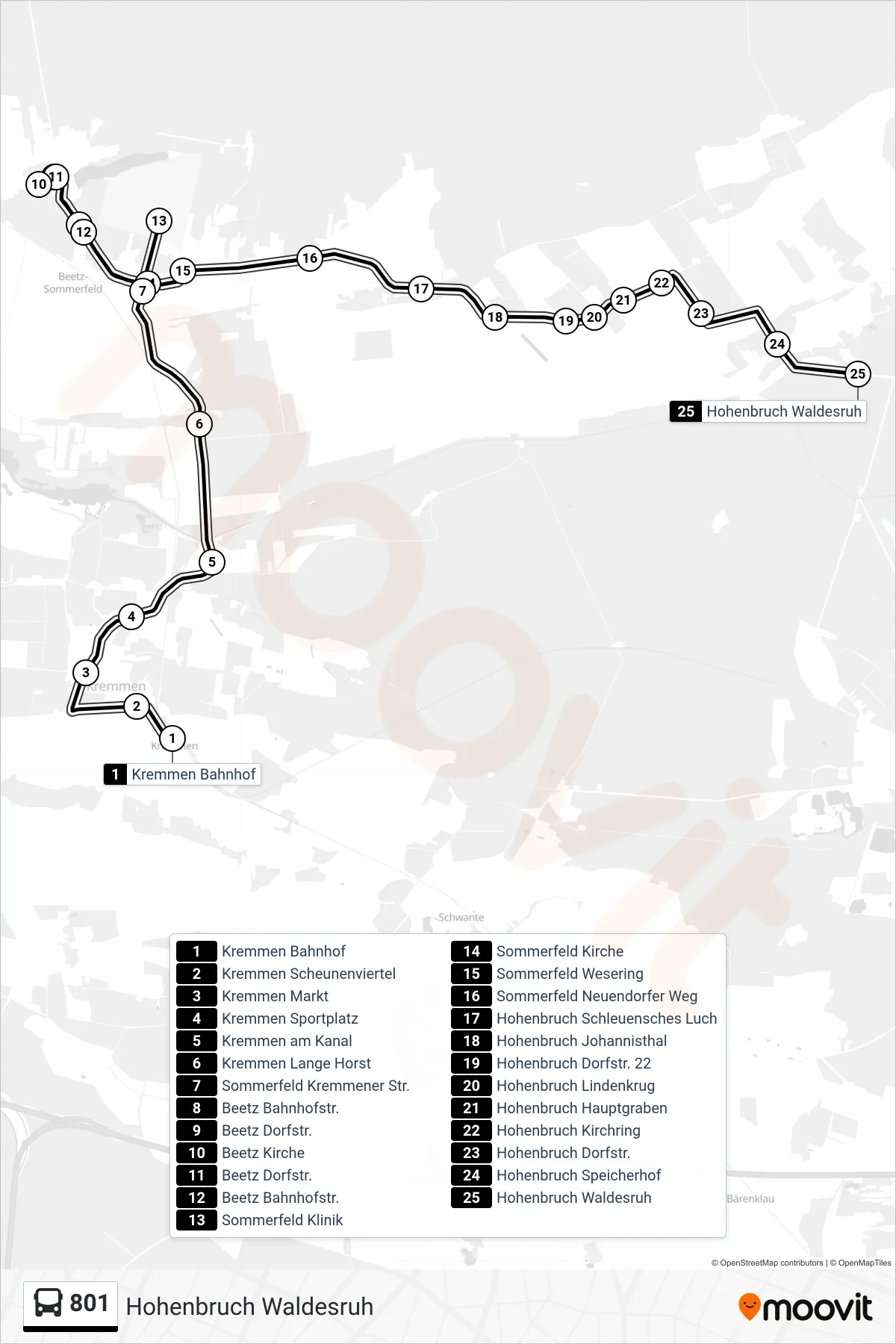 Linie 801 (Bus) Richtung Hohenbruch Waldesruh: Route und Haltestellen auf der Karte