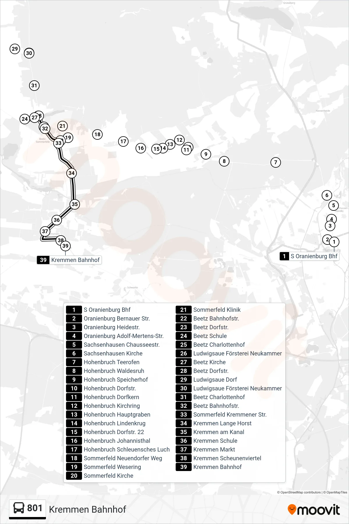 Linie 801 (Bus) Richtung Kremmen Bahnhof: Route und Haltestellen auf der Karte