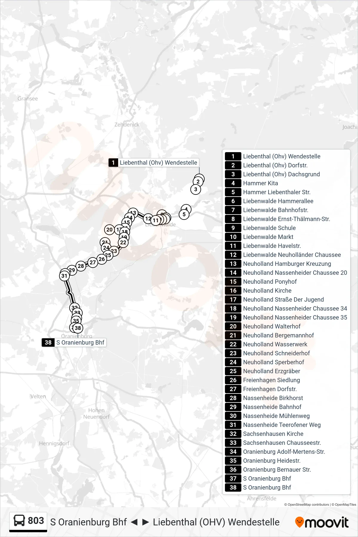Linie 803 (Bus) Richtung S Oranienburg Bhf: Route und Haltestellen auf der Karte