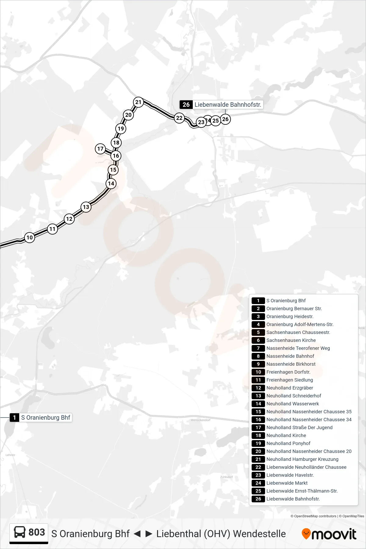 Linie 803 (Bus) Richtung Liebenwalde Bahnhofstr.: Route und Haltestellen auf der Karte