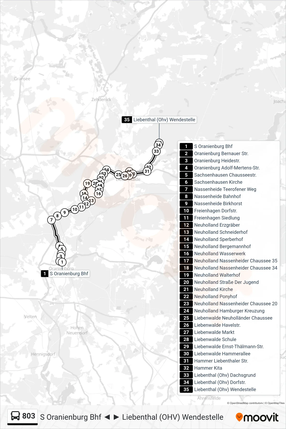 803 bus Line (Liebenthal (Ohv) Wendestelle) route and stops on a map