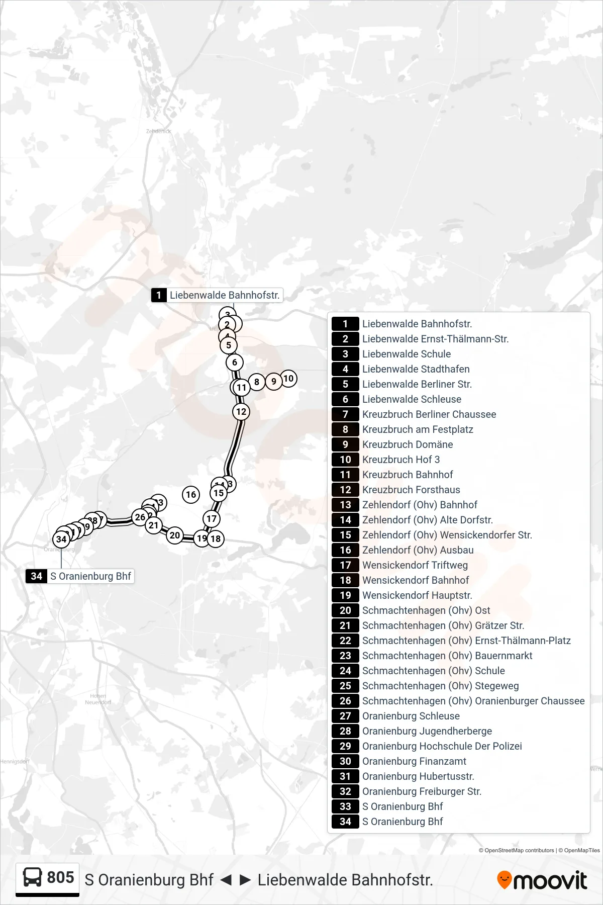 Linie 805 (Bus) Richtung S Oranienburg Bhf: Route und Haltestellen auf der Karte