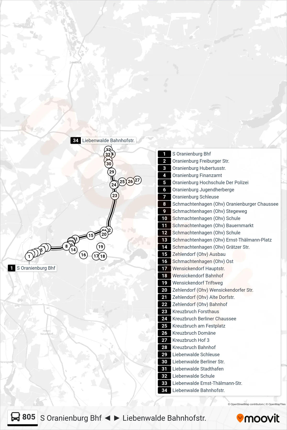 Linie 805 (Bus) Richtung Liebenwalde Bahnhofstr.: Route und Haltestellen auf der Karte