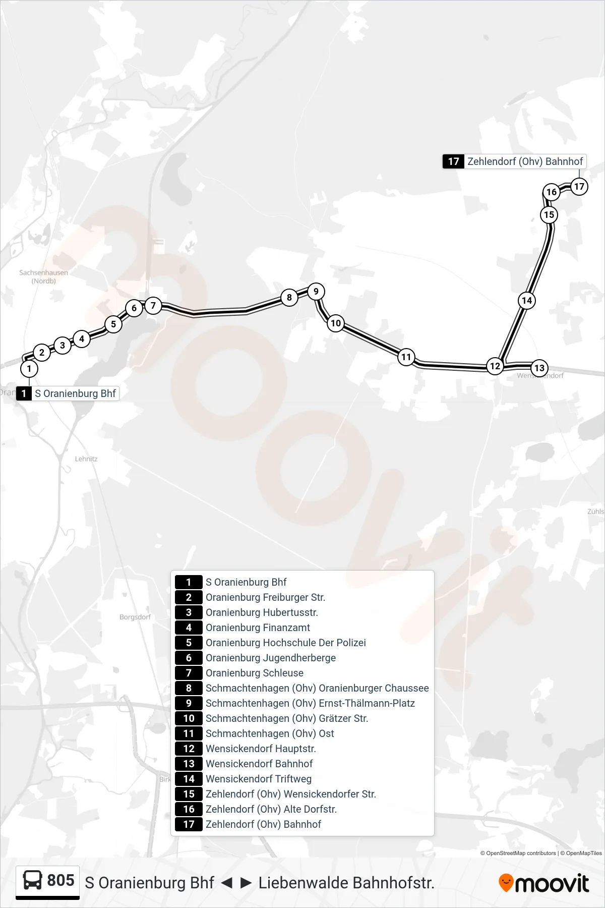 Linie 805 (Bus) Richtung Zehlendorf (Ohv) Bahnhof: Route und Haltestellen auf der Karte