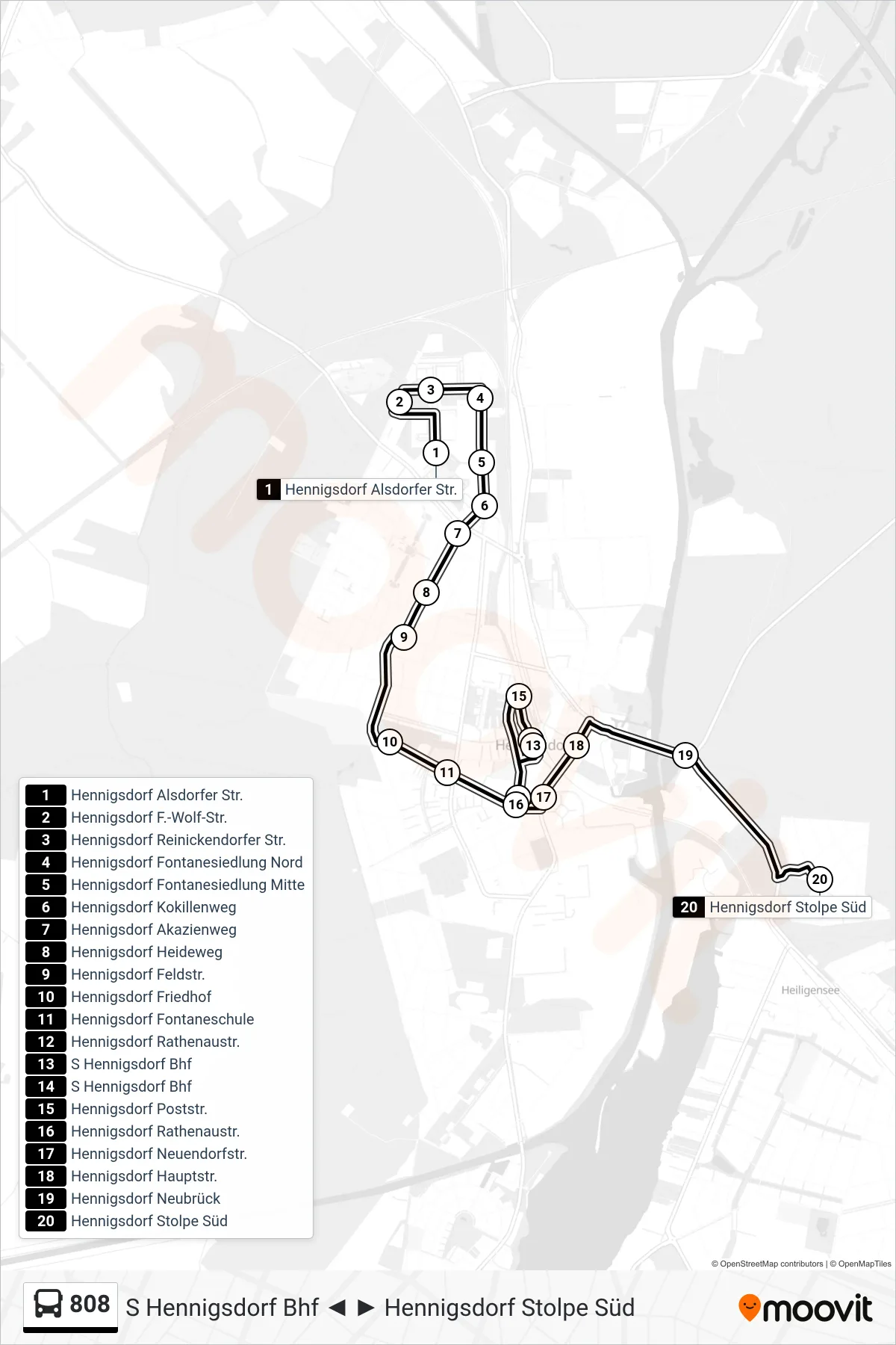 808 bus Line (Hennigsdorf Stolpe Süd) route and stops on a map