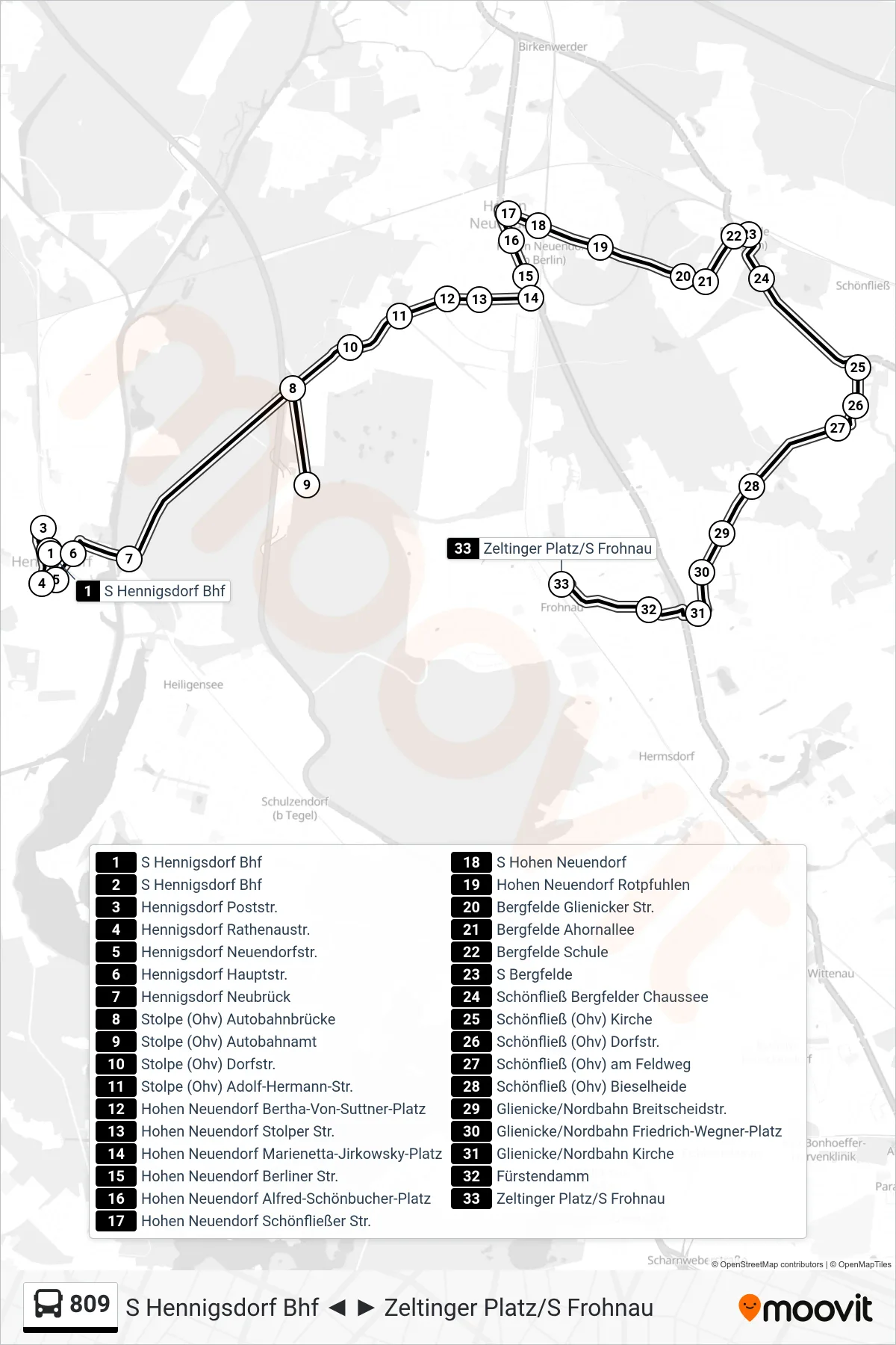 Linie 809 (Bus) Richtung Zeltinger Platz/S Frohnau: Route und Haltestellen auf der Karte