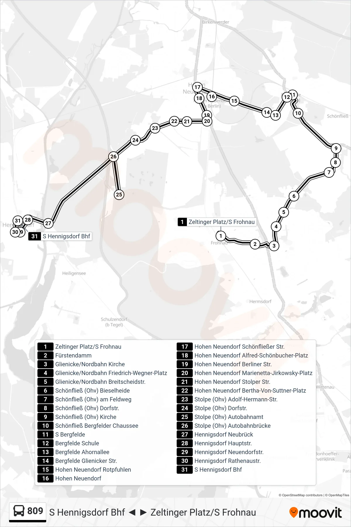 Linie 809 (Bus) Richtung S Hennigsdorf Bhf: Route und Haltestellen auf der Karte