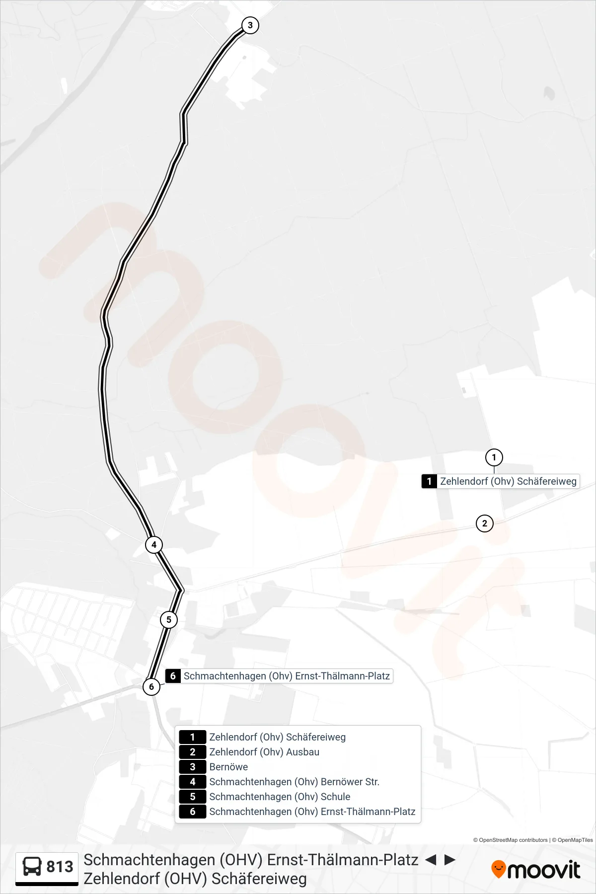 Linie 813 (Bus) Richtung Schmachtenhagen (Ohv) Ernst-Thälmann-Platz: Route und Haltestellen auf der Karte