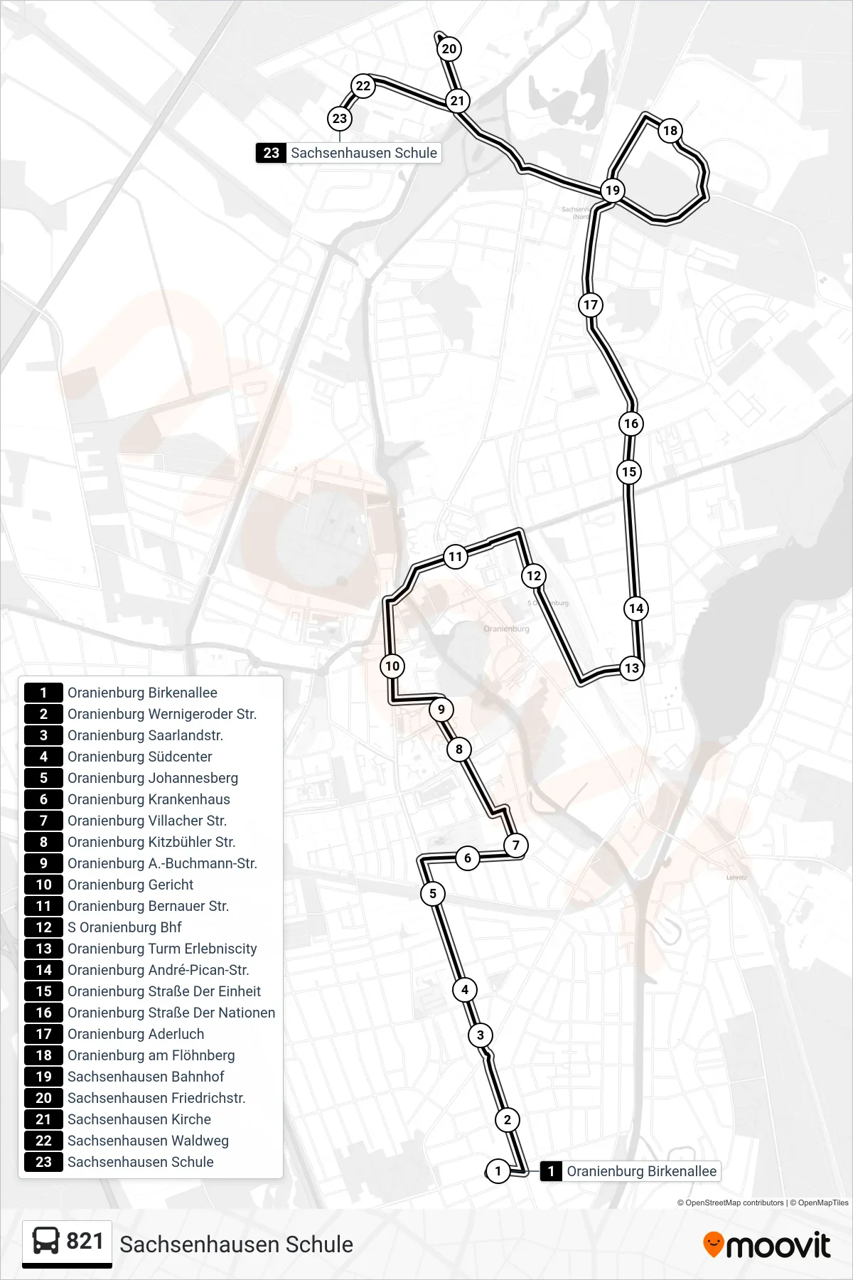 Linie 821 (Bus) Richtung Sachsenhausen Schule: Route und Haltestellen auf der Karte