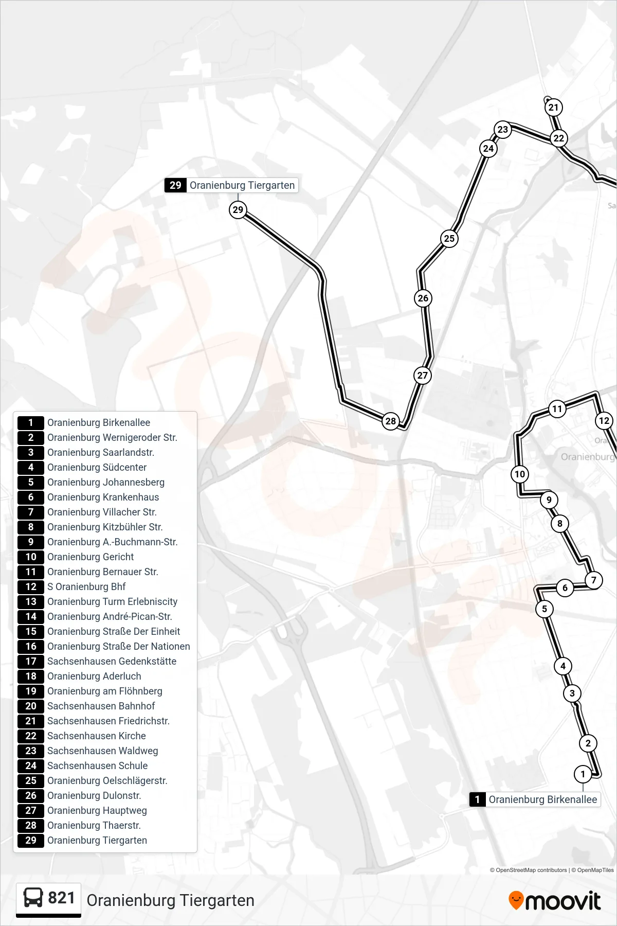 821 bus Line (Oranienburg Tiergarten) route and stops on a map