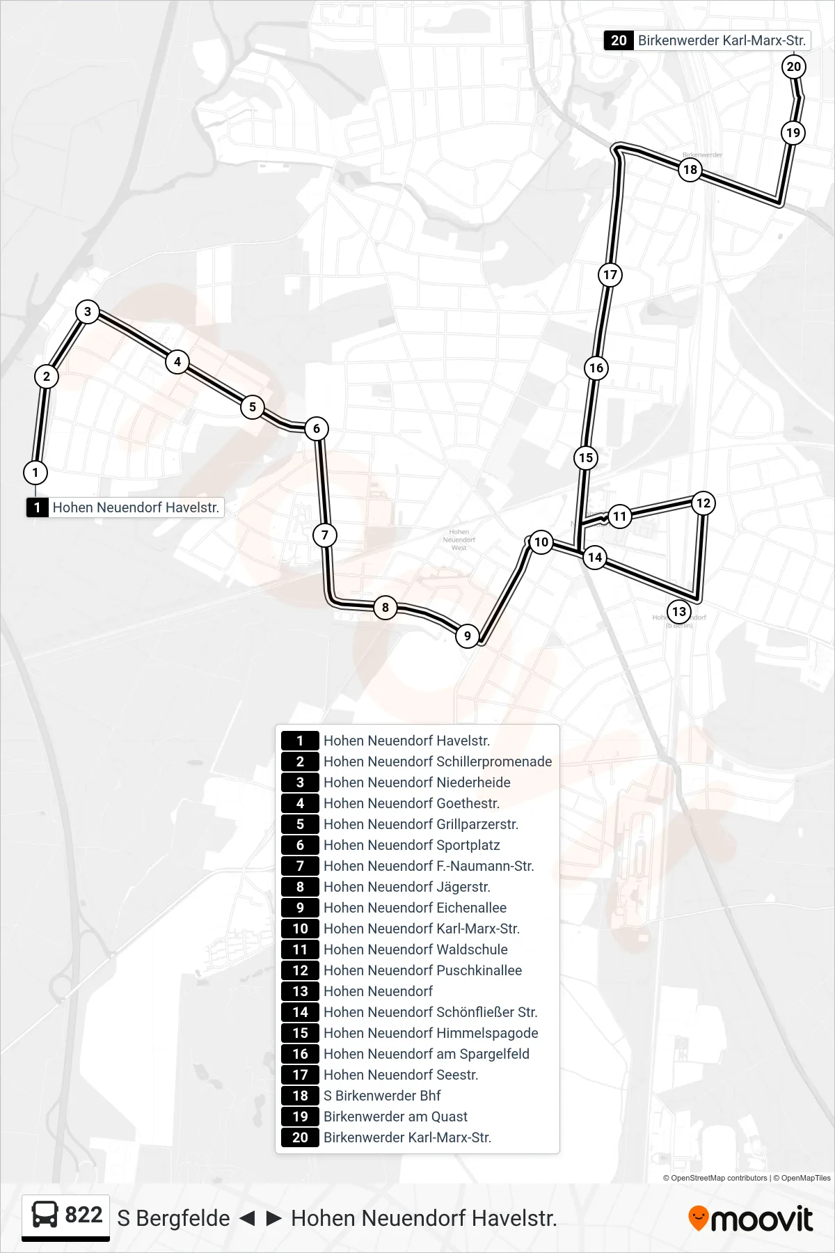 822 bus Line (Birkenwerder Karl-Marx-Str.) route and stops on a map