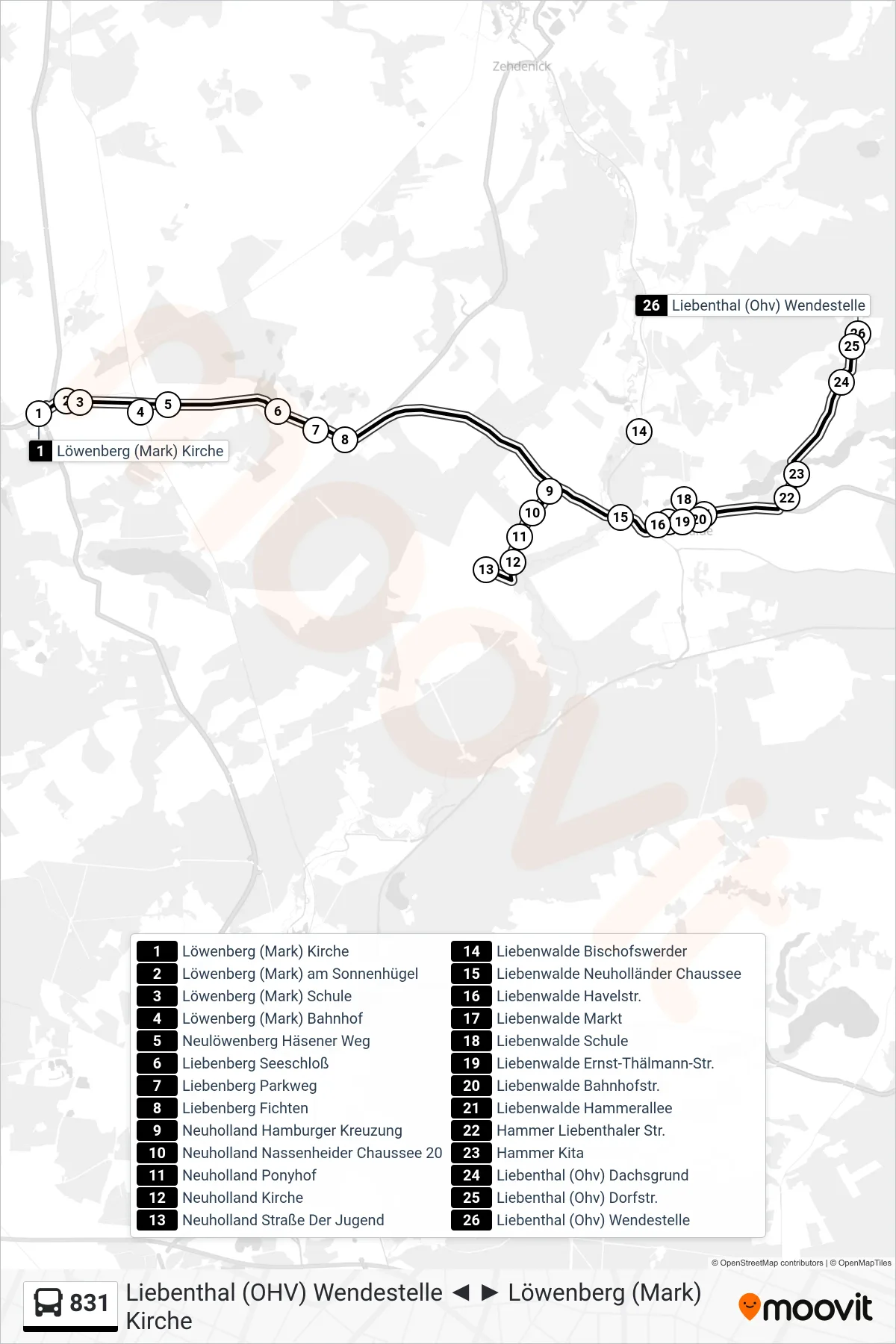 831 bus Line (Liebenthal (Ohv) Wendestelle) route and stops on a map
