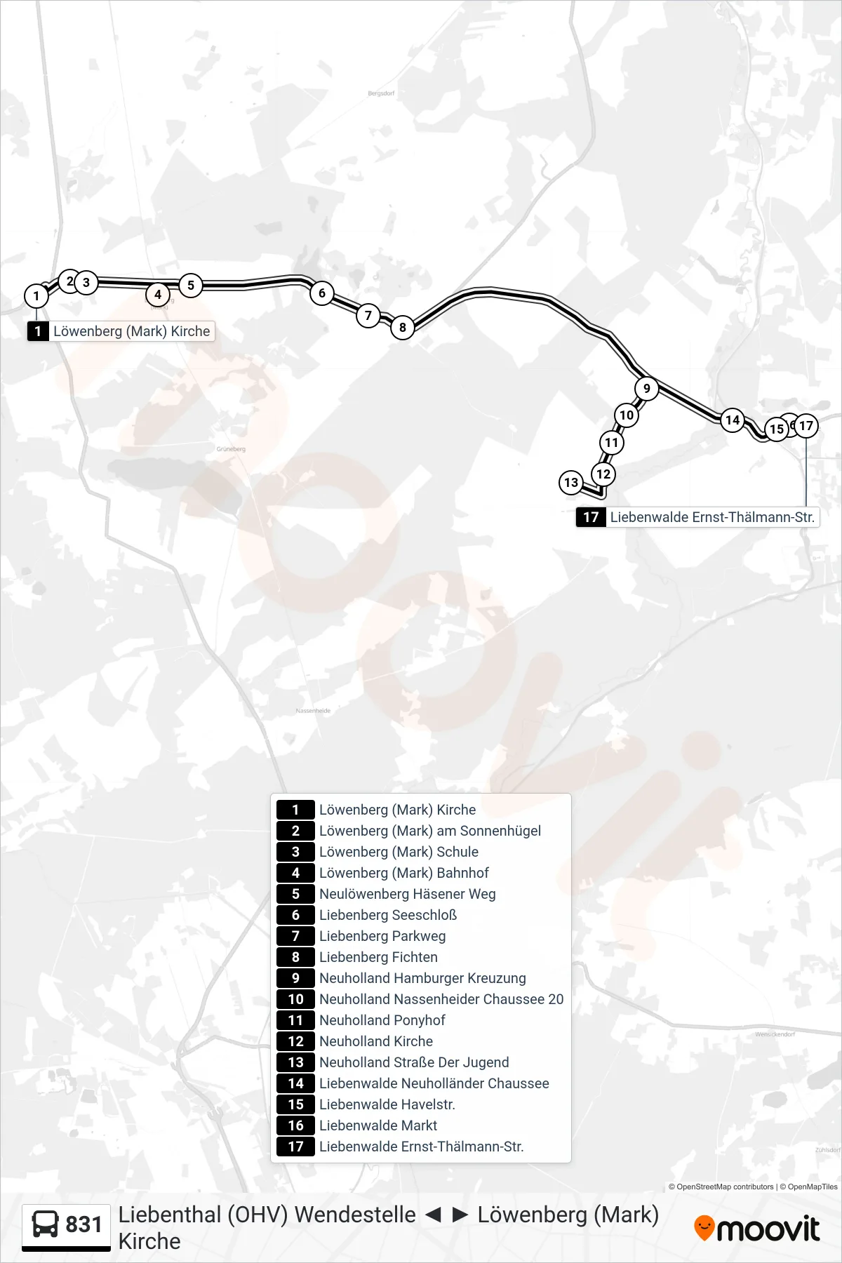 Linie 831 (Bus) Richtung Liebenwalde Ernst-Thälmann-Str.: Route und Haltestellen auf der Karte