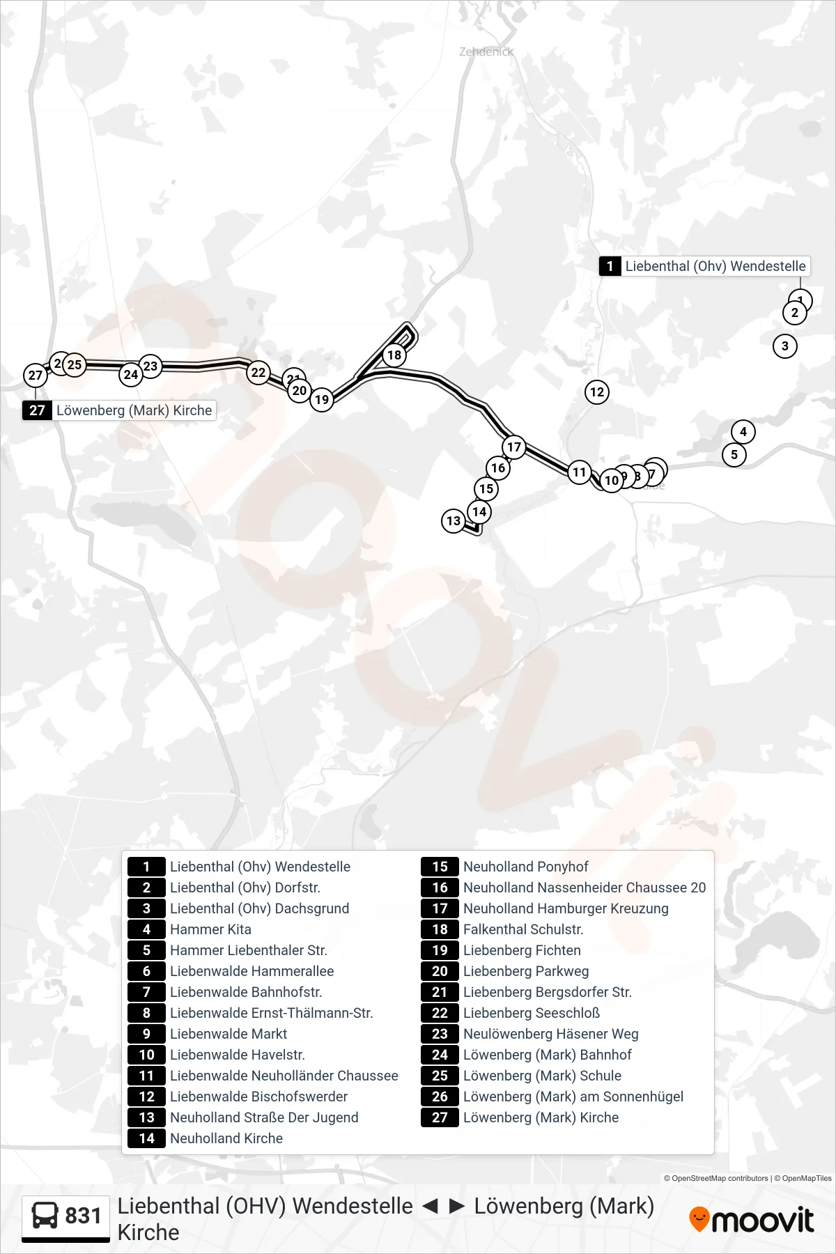 Linie 831 (Bus) Richtung Löwenberg (Mark) Kirche: Route und Haltestellen auf der Karte