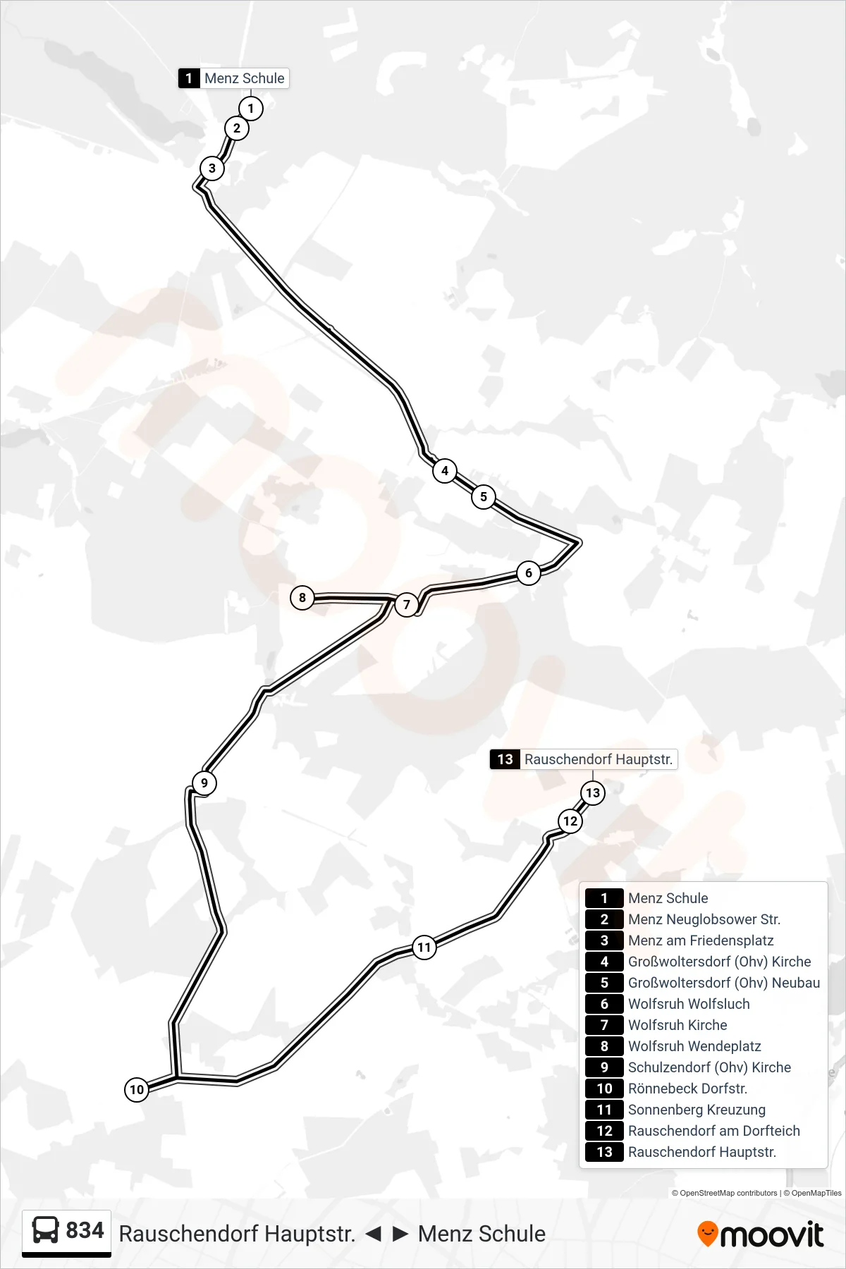 834 bus Line (Rauschendorf Hauptstr.) route and stops on a map