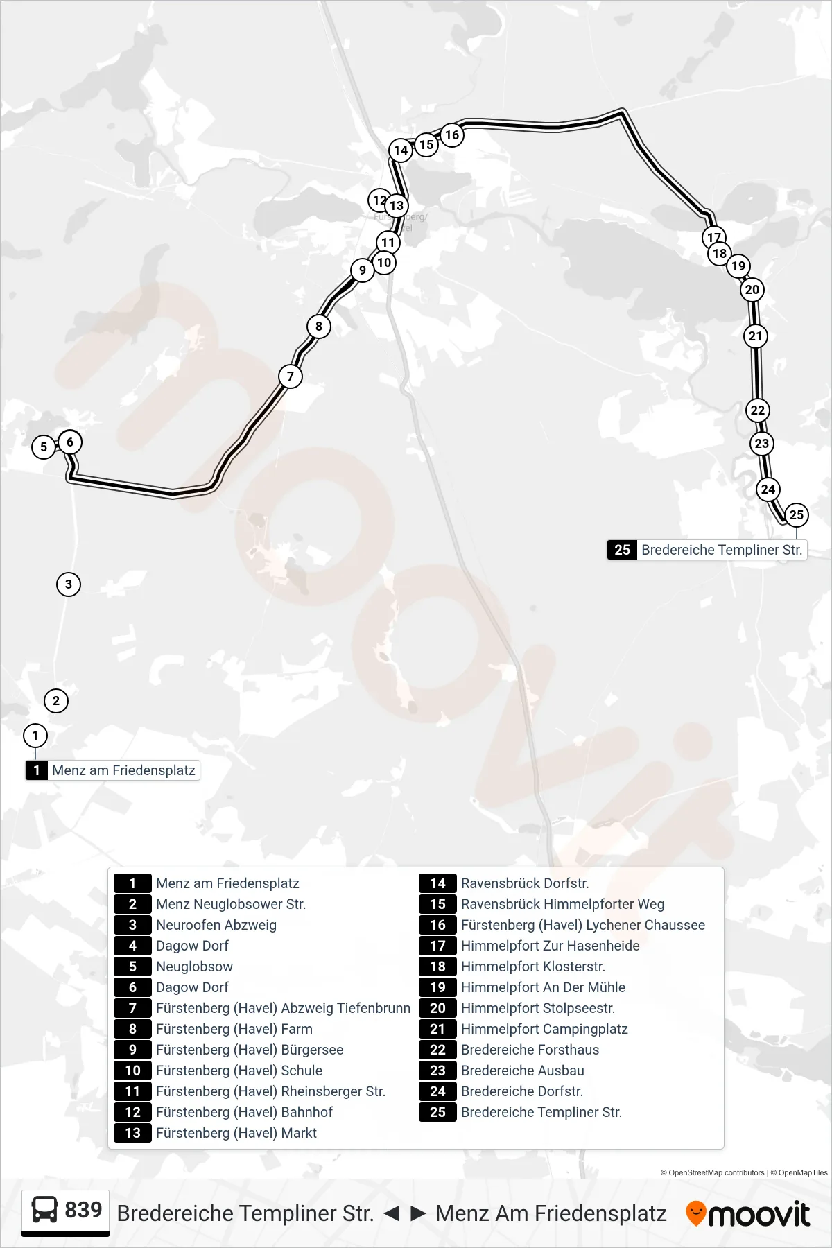 Linie 839 (Bus) Richtung Bredereiche Templiner Str.: Route und Haltestellen auf der Karte