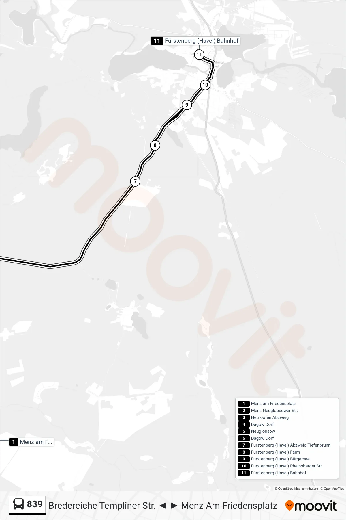 839 bus Line (Fürstenberg (Havel) Bahnhof) route and stops on a map