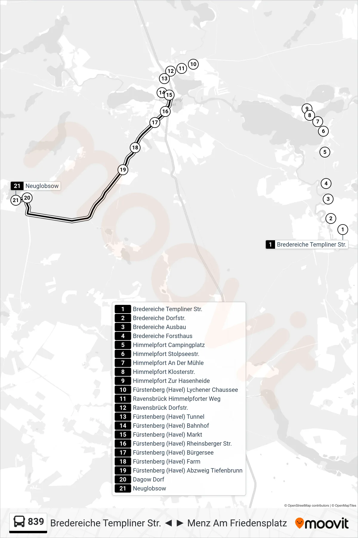 Linie 839 (Bus) Richtung Neuglobsow: Route und Haltestellen auf der Karte