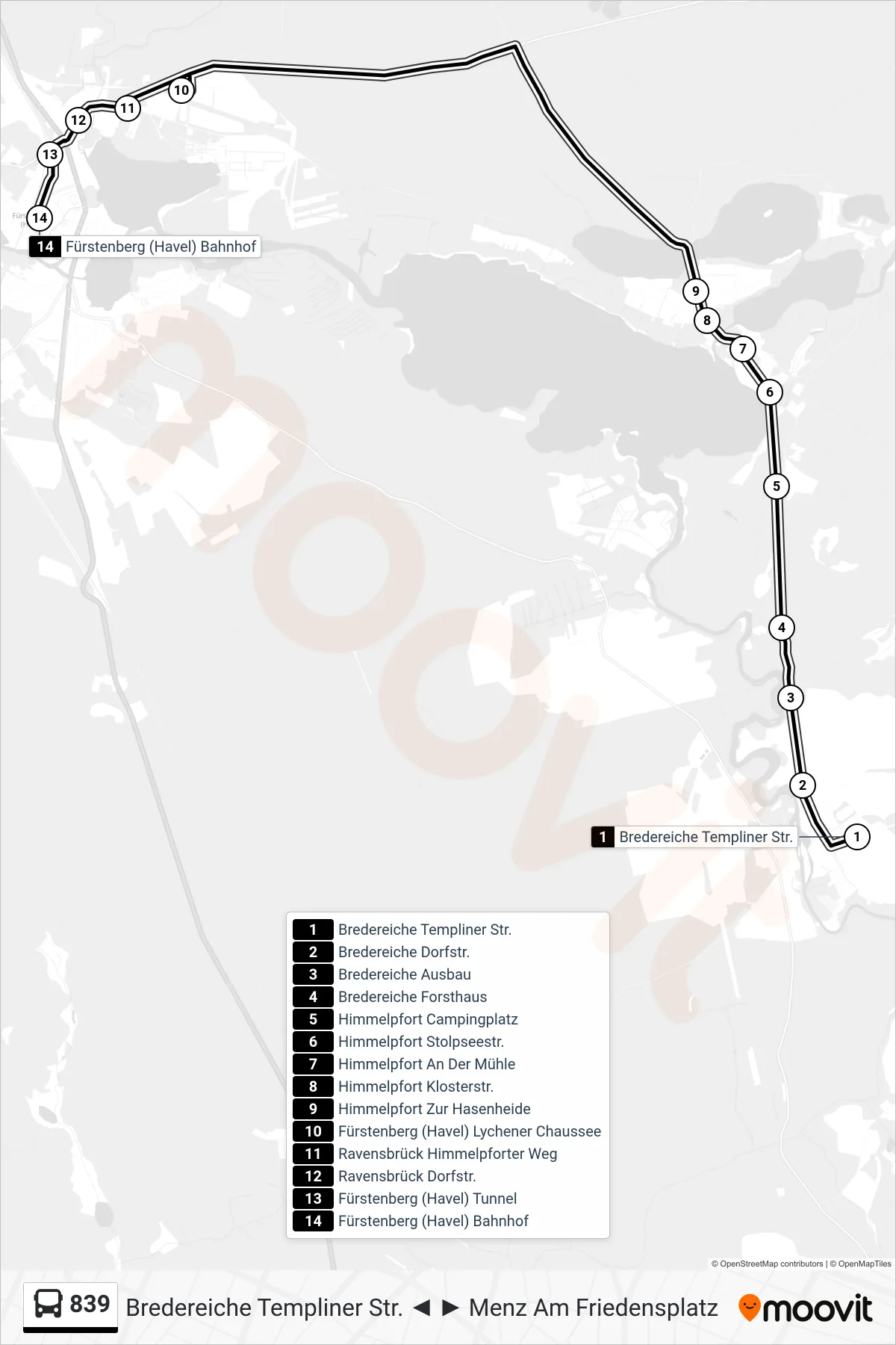 Linie 839 (Bus) Richtung Fürstenberg (Havel) Bahnhof: Route und Haltestellen auf der Karte