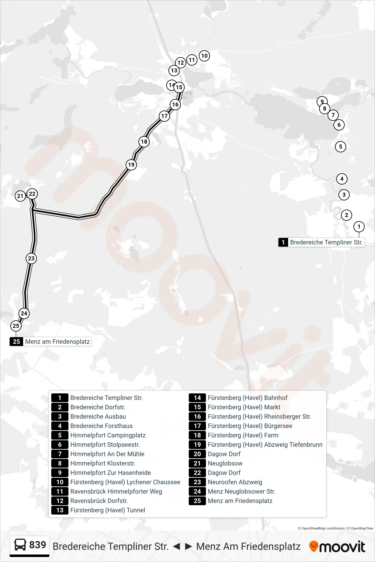 Linie 839 (Bus) Richtung Menz am Friedensplatz: Route und Haltestellen auf der Karte