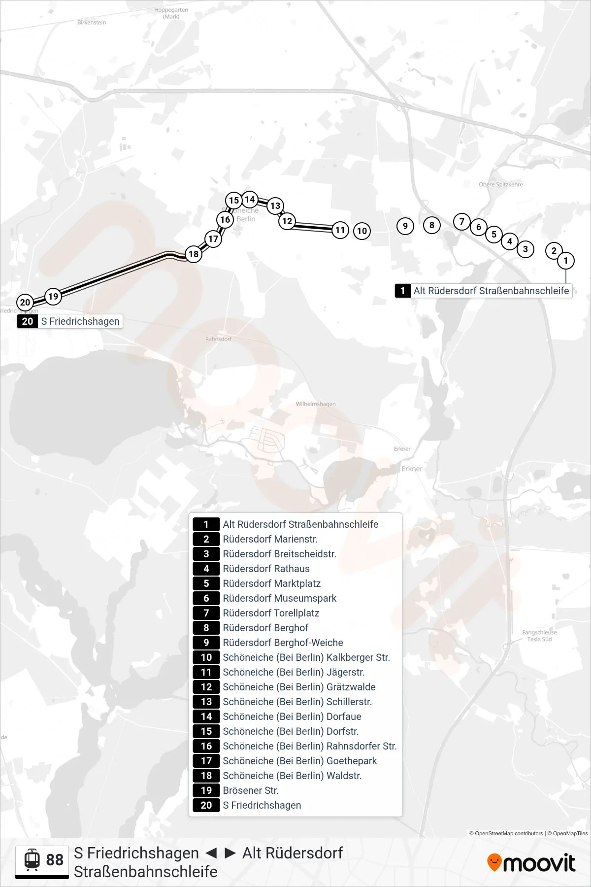 Linie 88 (Straßenbahn) Richtung S Friedrichshagen: Route und Haltestellen auf der Karte