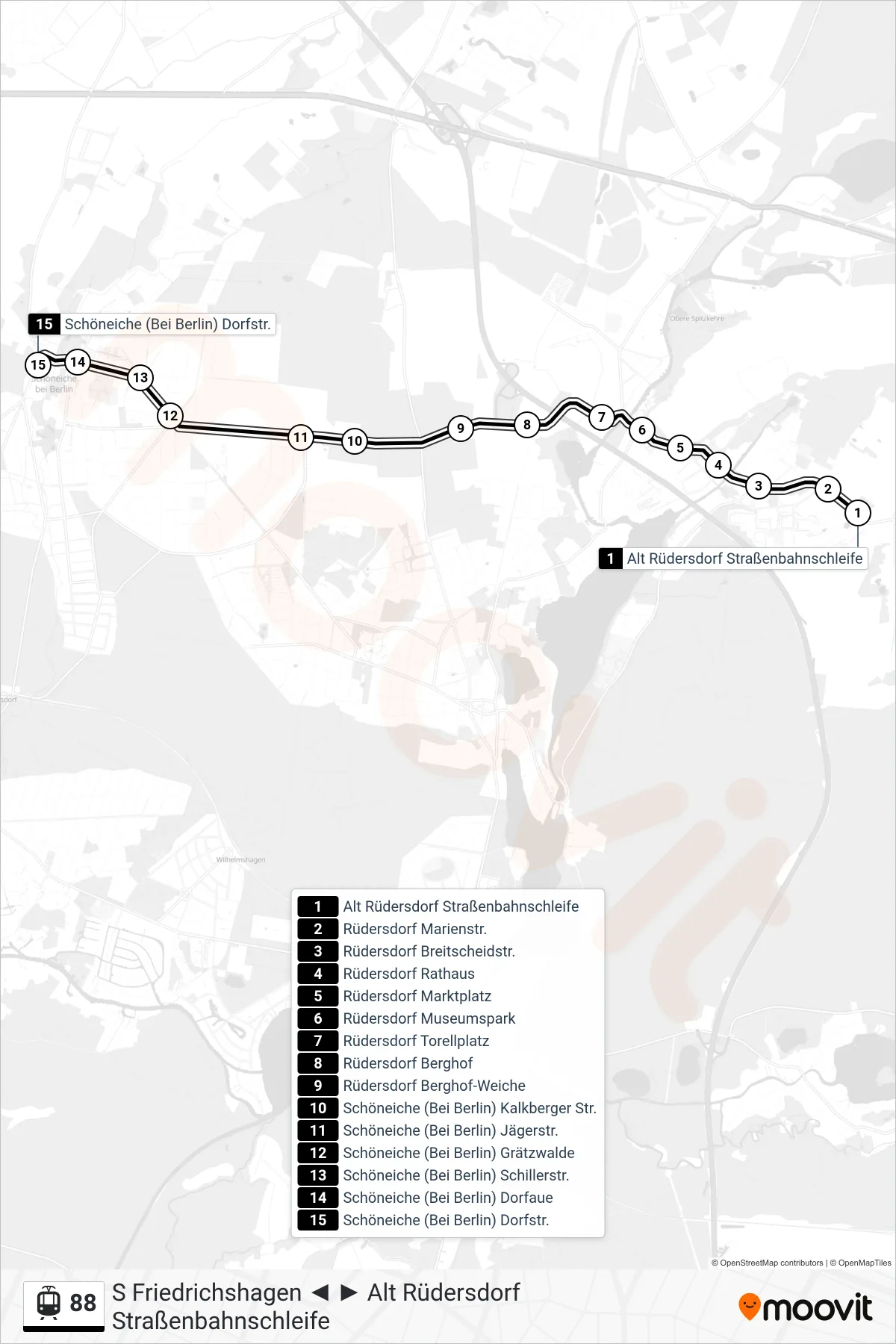 Linie 88 (Straßenbahn) Richtung Schöneiche (Bei Berlin) Dorfstr.: Route und Haltestellen auf der Karte