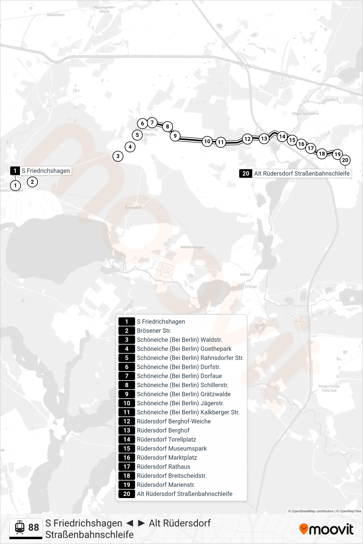 Linie 88 (Straßenbahn) Richtung Alt Rüdersdorf Straßenbahnschleife: Route und Haltestellen auf der Karte