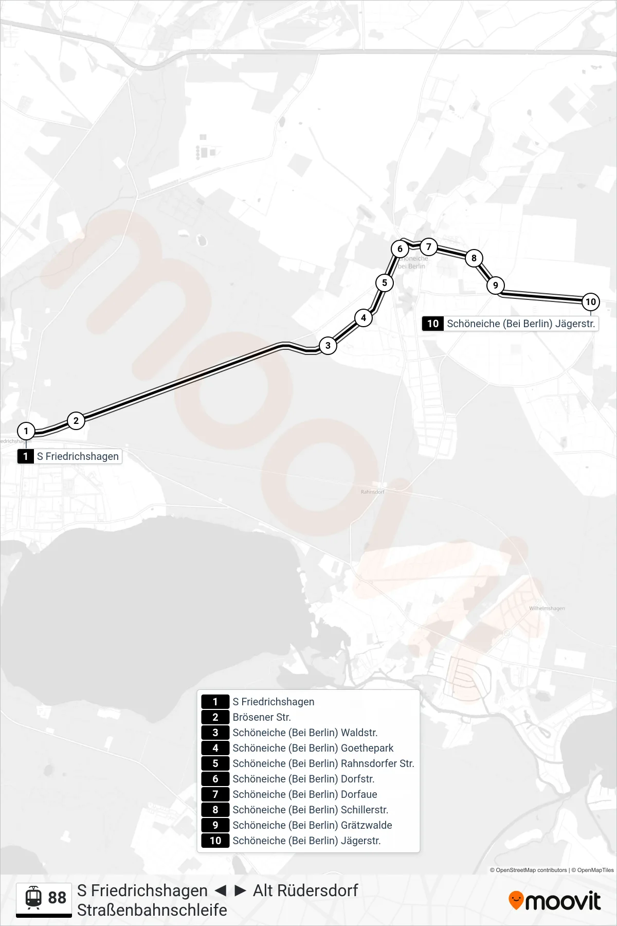 Linie 88 (Straßenbahn) Richtung Schöneiche (Bei Berlin) Jägerstr.: Route und Haltestellen auf der Karte