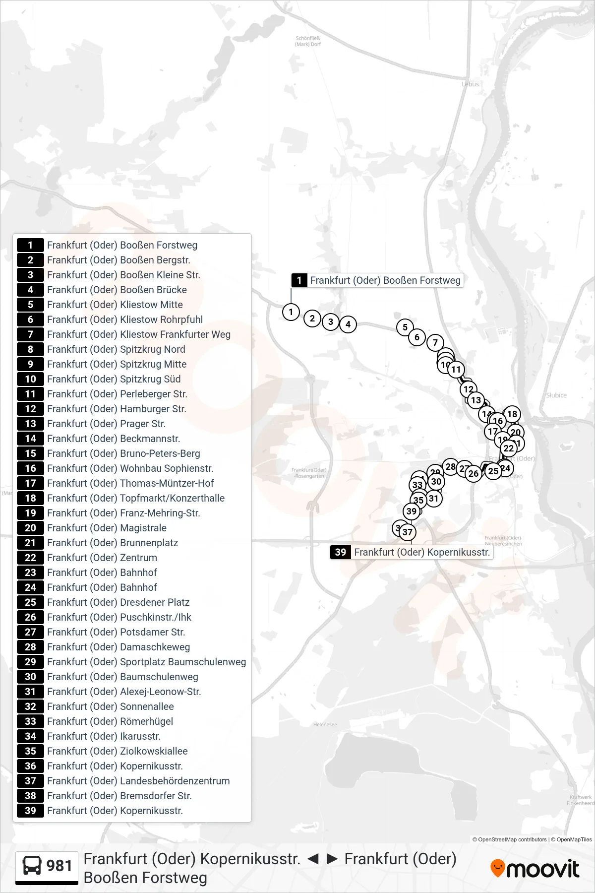 Linie 981 (Bus) Richtung Frankfurt (Oder) Kopernikusstr.: Route und Haltestellen auf der Karte